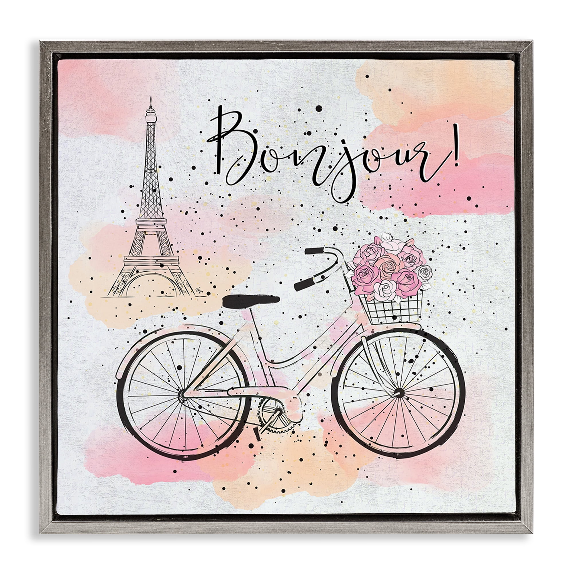 Stupell Industries Bonjour Paris & Bicycle Town & City Painting Gray Floater Framed Art Print Wall Art, 18 x 18