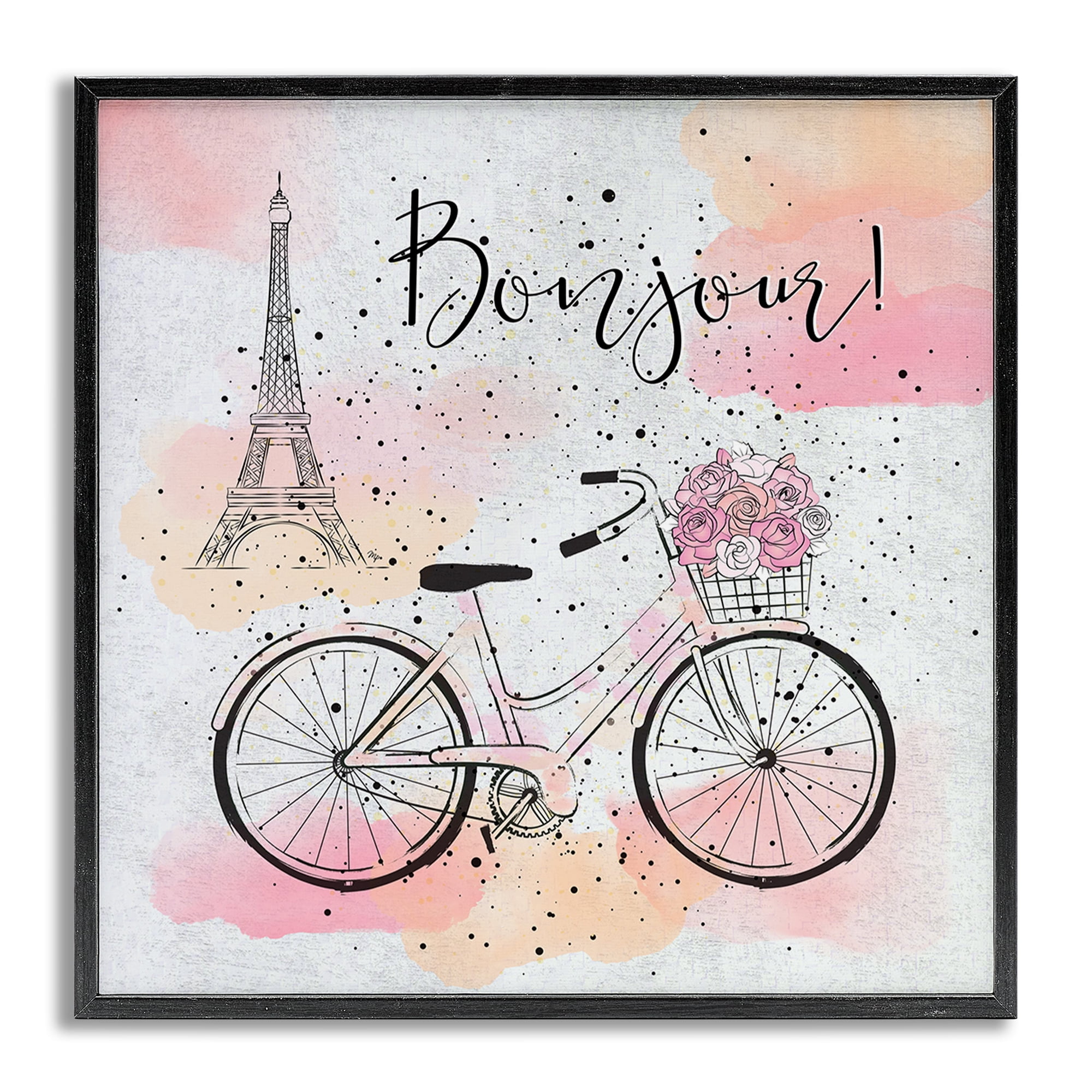 Stupell Industries Bonjour Paris & Bicycle Town & City Painting Gray Framed Art Print Wall Art, 24 x 24