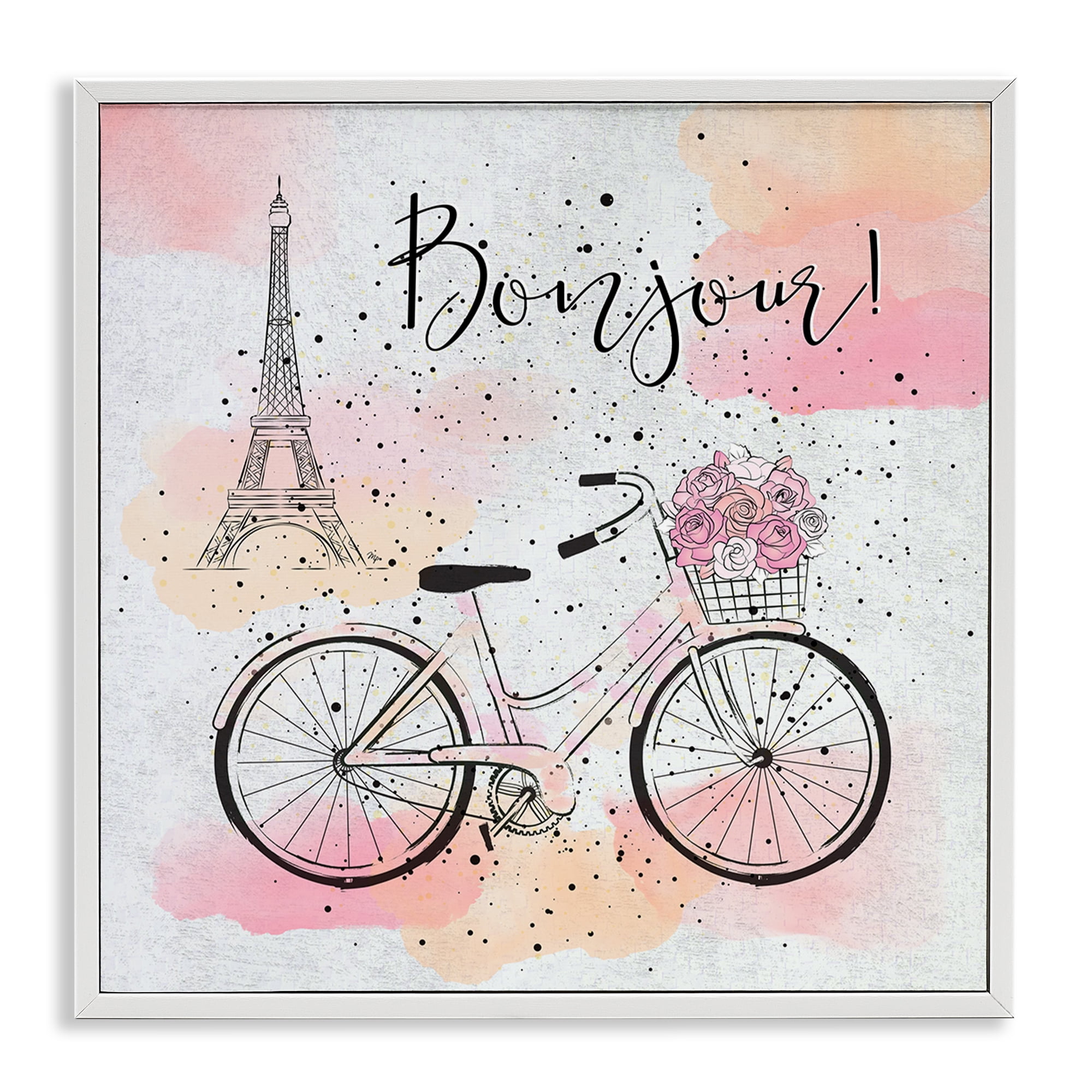 Stupell Industries Bonjour Paris & Bicycle Town & City Painting White Framed Art Print Wall Art, 12 x 12