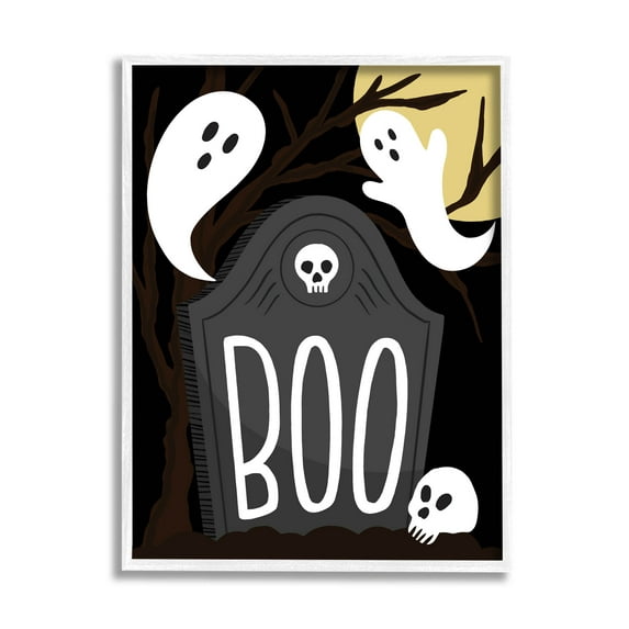Stupell Industries Boo Haunted Night Gravestone Graphic Art White Framed Art Print Wall Art, Design by Hey Bre! Creative Studio