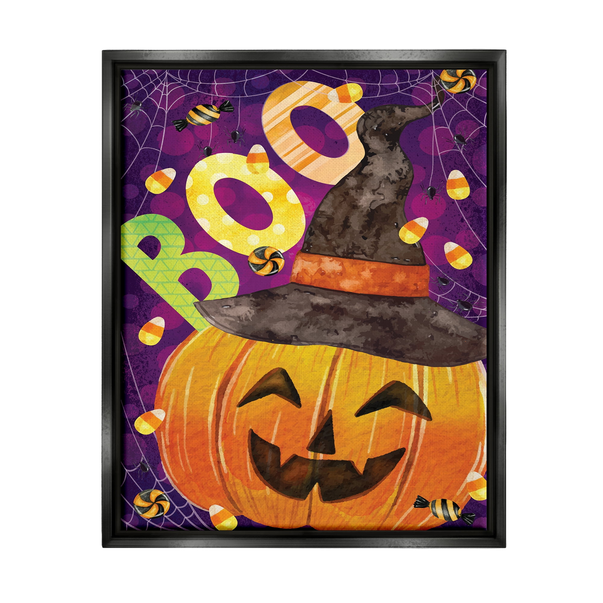 Stupell Industries Boo Jack-o-Lantern Halloween Candy Holiday Painting Black Floater Framed Art Print Wall Art