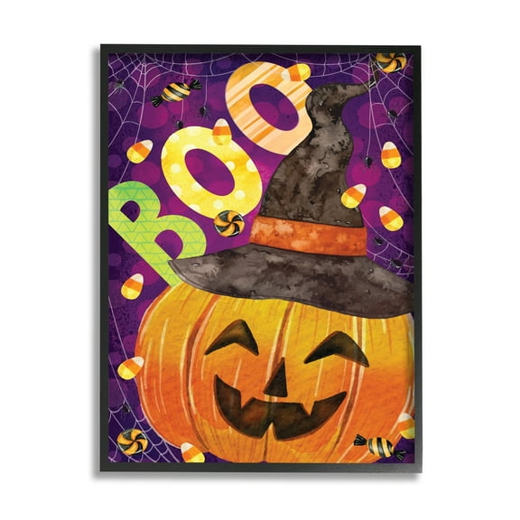 Stupell Industries Boo Jack-o-Lantern Halloween Candy Holiday Painting Black Framed Art Print Wall Art