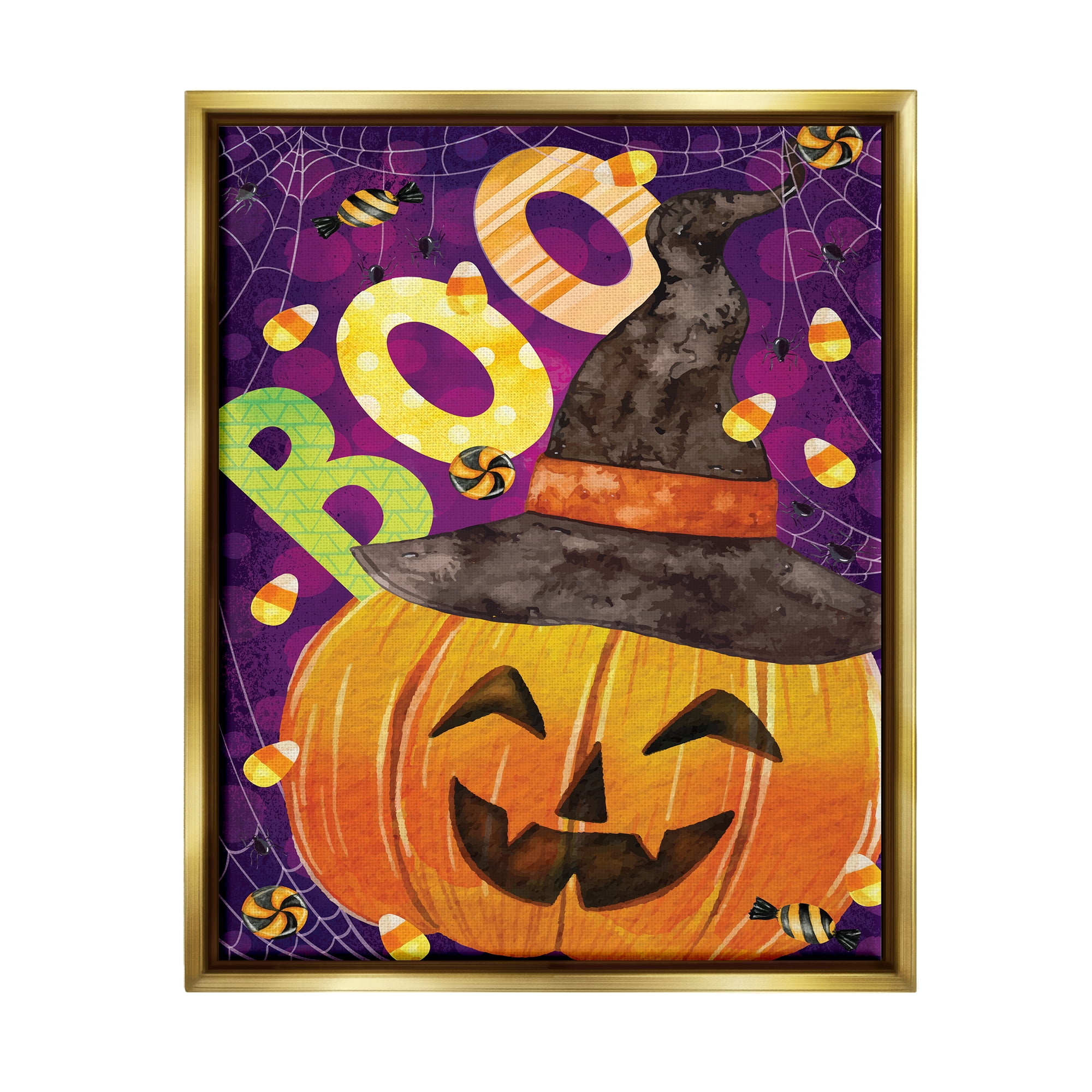 Stupell Industries Boo Jack-o-Lantern Halloween Candy Holiday Painting Gold Floater Framed Art Print Wall Art