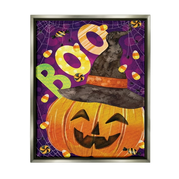Stupell Industries Boo Jack-o-Lantern Halloween Candy Holiday Painting Gray Floater Framed Art Print Wall Art