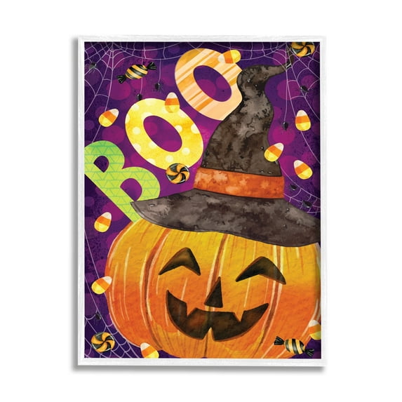 Stupell Industries Boo Jack-o-Lantern Halloween Candy Holiday Painting White Framed Art Print Wall Art