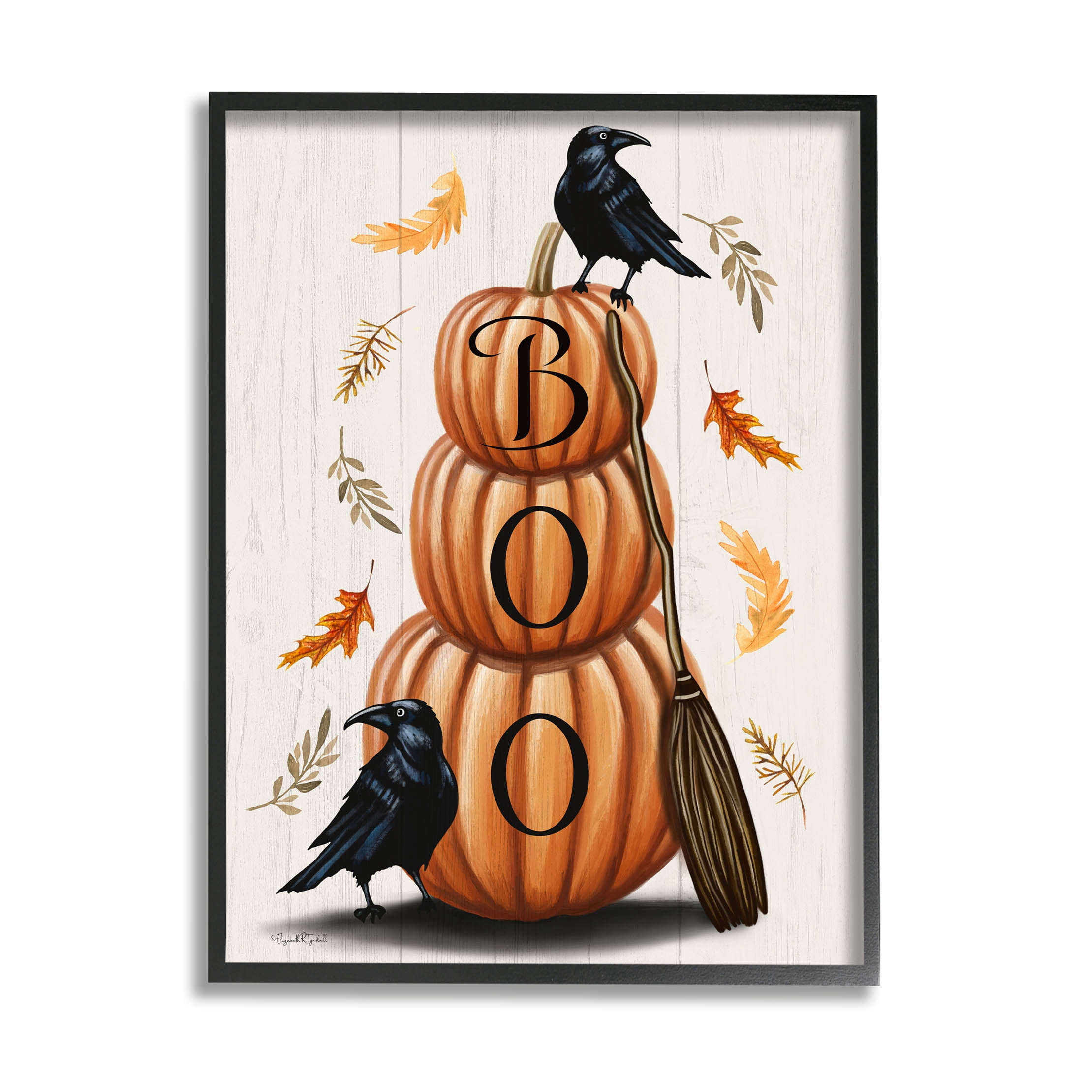 Stupell Industries Boo Ravens Pumpkin Stack Graphic Art Black Framed Art Print Wall Art, Design by Elizabeth Tyndall