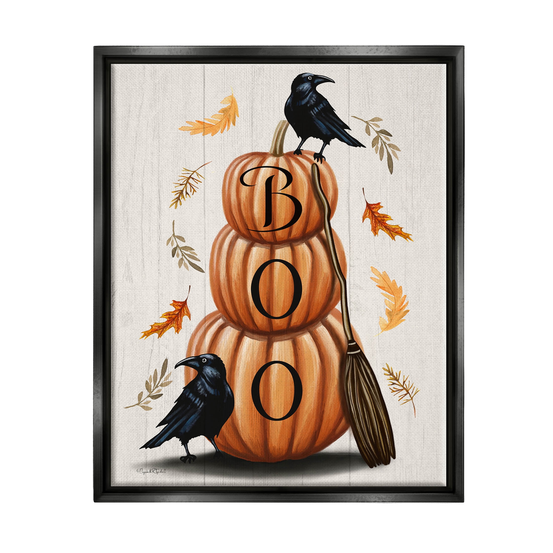 Stupell Industries Boo Ravens Pumpkin Stack Graphic Art Jet Black Floating Framed Canvas Print Wall Art, Design by Elizabeth Tyndall