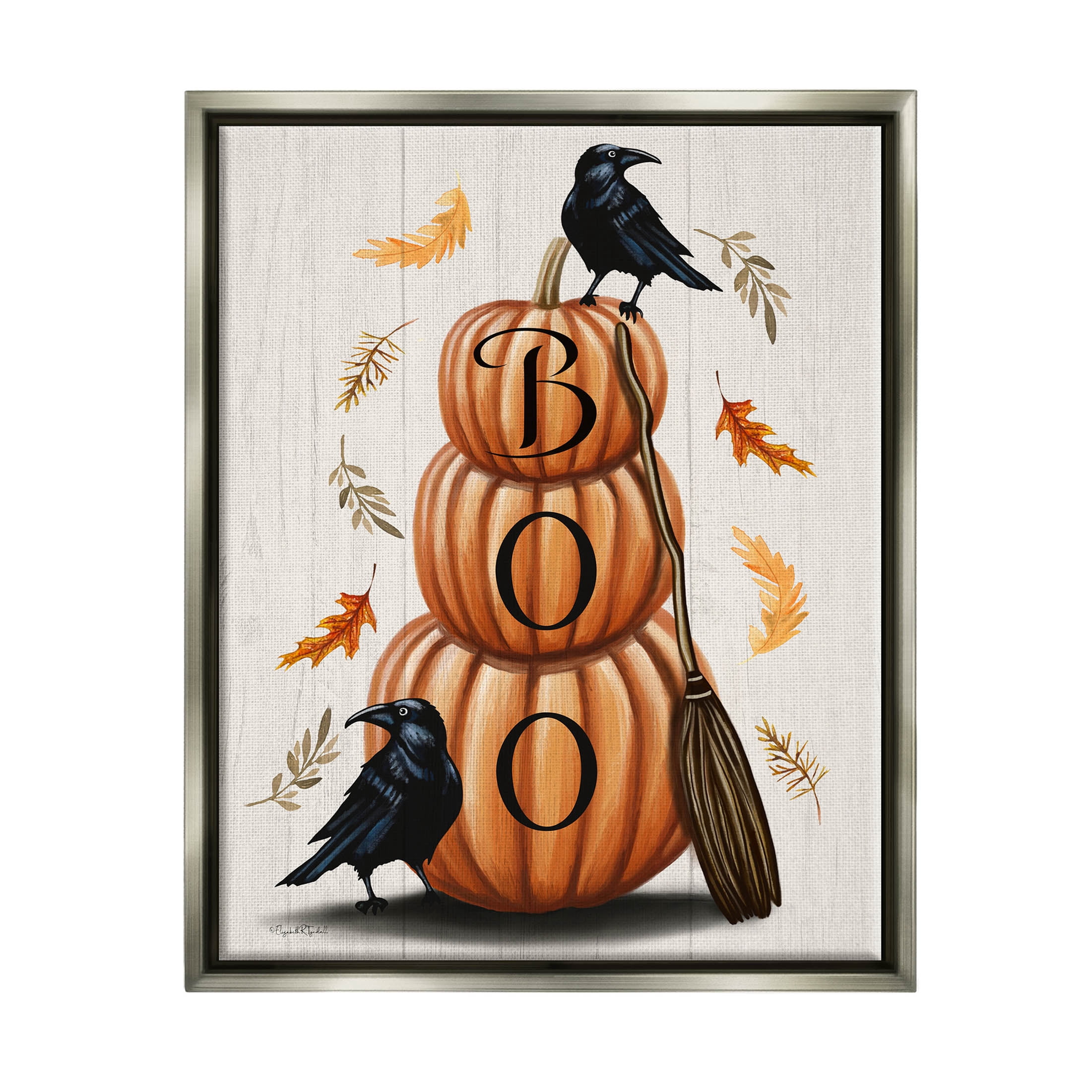 Stupell Industries Boo Ravens Pumpkin Stack Graphic Art Luster Gray Floating Framed Canvas Print Wall Art, Design by Elizabeth Tyndall