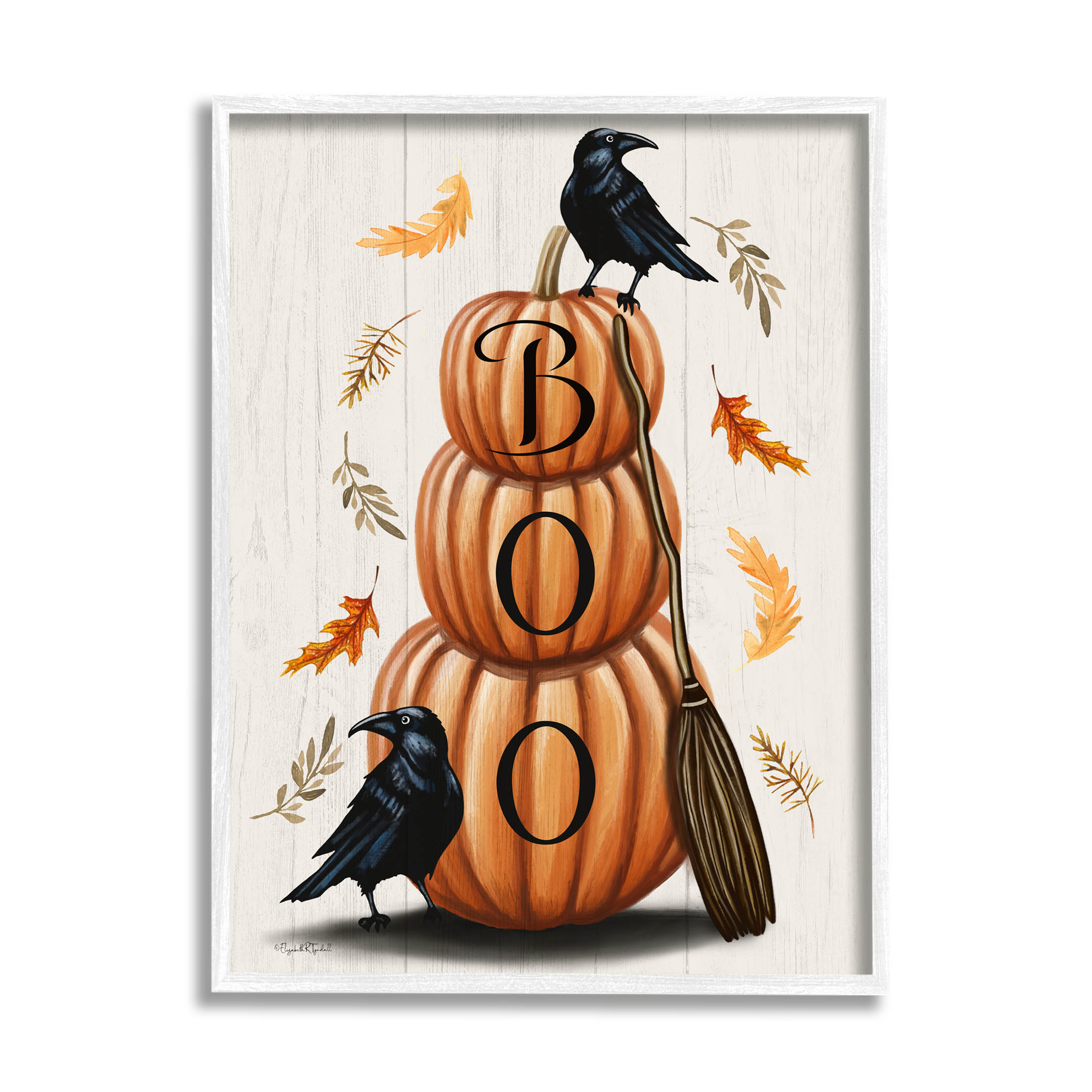 Stupell Industries Boo Ravens Pumpkin Stack Graphic Art White Framed Art Print Wall Art, Design by Elizabeth Tyndall