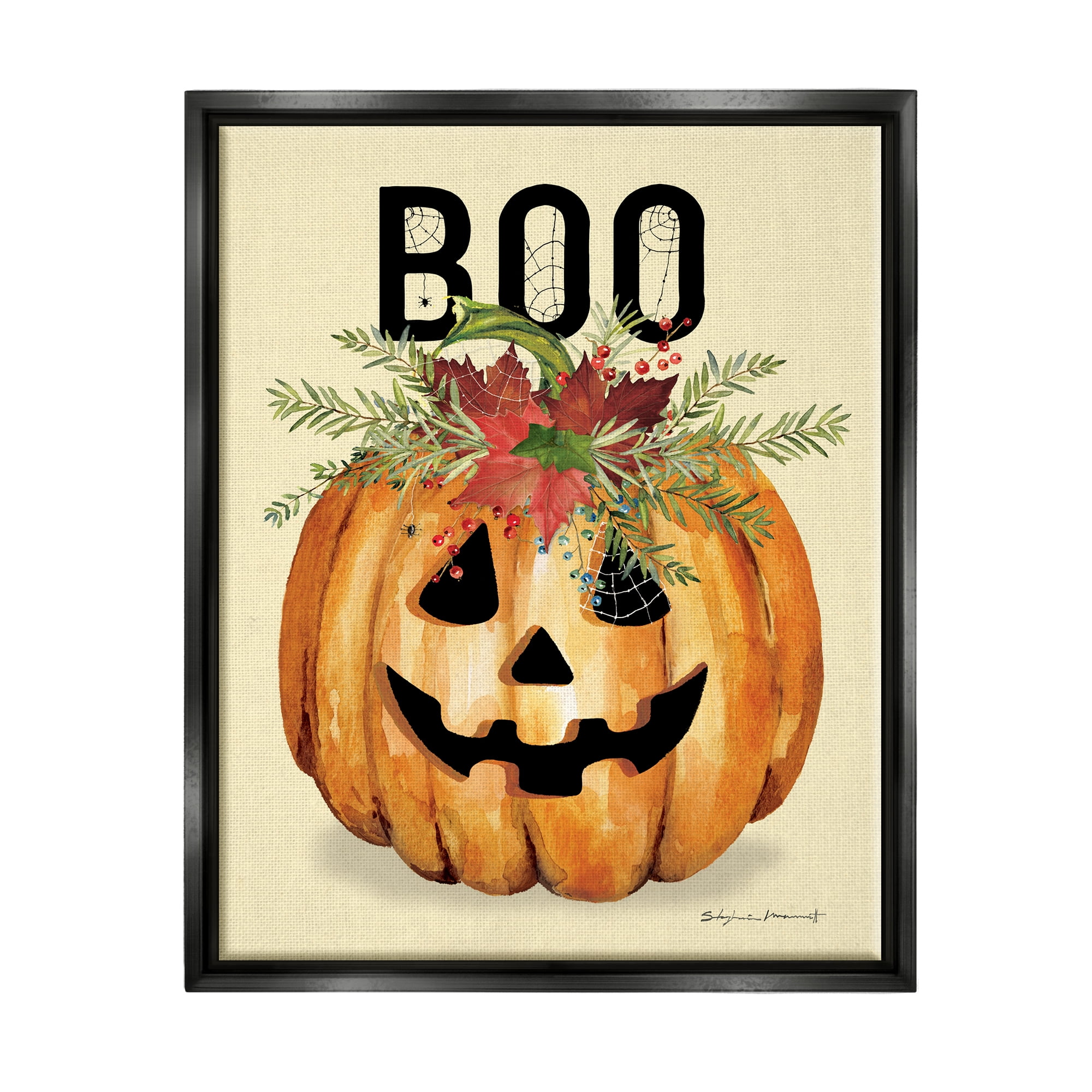 Stupell Industries Boo Seasonal Halloween Flowers Holiday Painting Black Floater Framed Art Print Wall Art