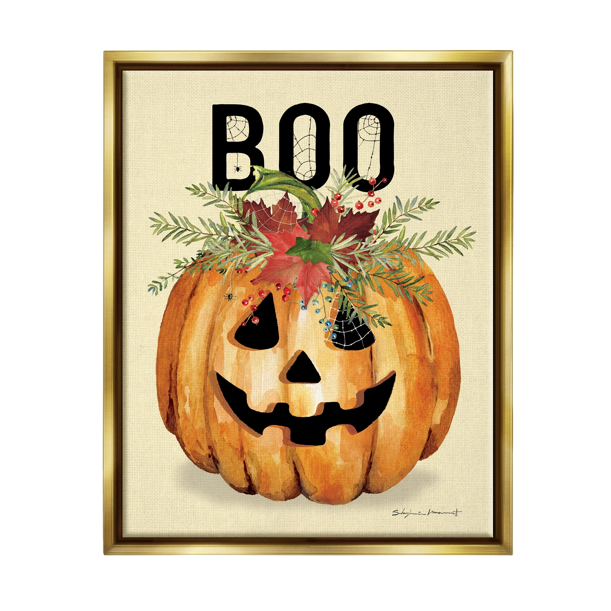 Stupell Industries Boo Seasonal Halloween Flowers Holiday Painting Gold Floater Framed Art Print Wall Art