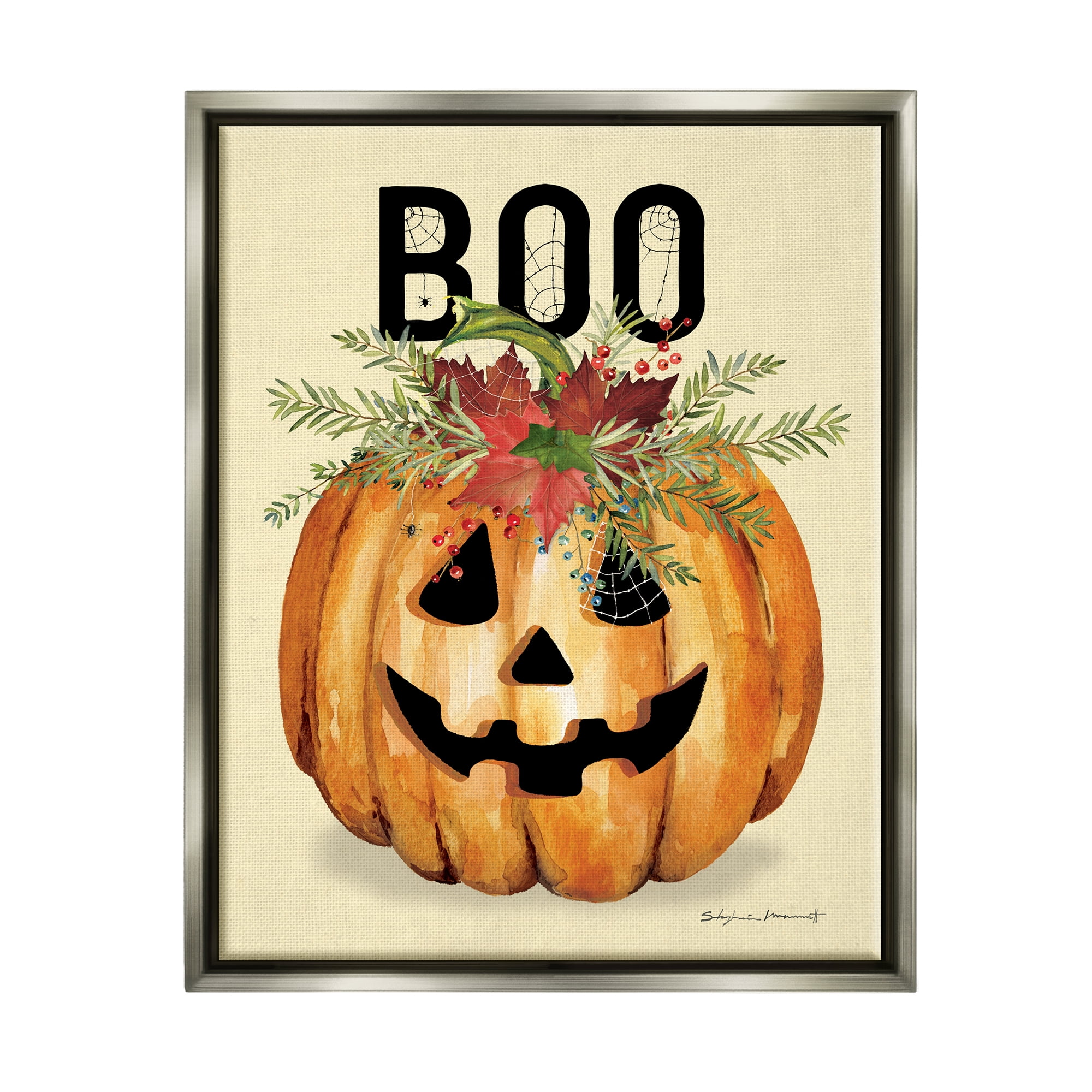 Stupell Industries Boo Seasonal Halloween Flowers Holiday Painting Gray Floater Framed Art Print Wall Art