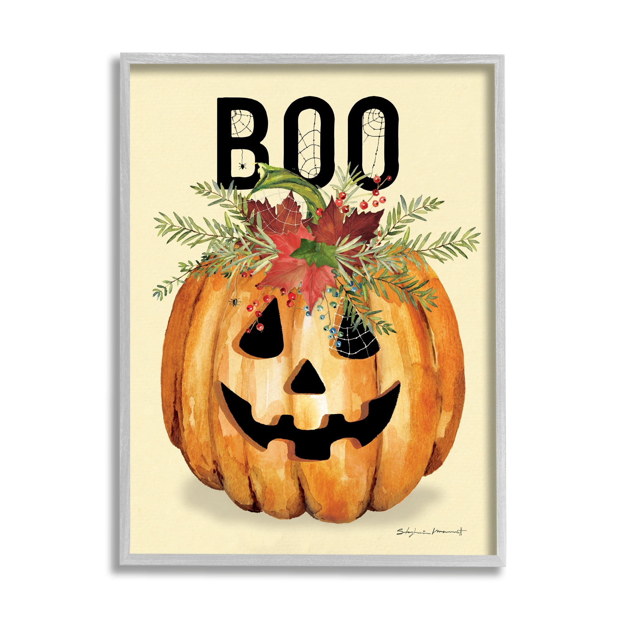 Stupell Industries Boo Seasonal Halloween Flowers Holiday Painting Gray Framed Art Print Wall Art