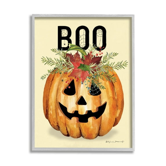 Stupell Industries Boo Seasonal Halloween Flowers Holiday Painting Gray Framed Art Print Wall Art