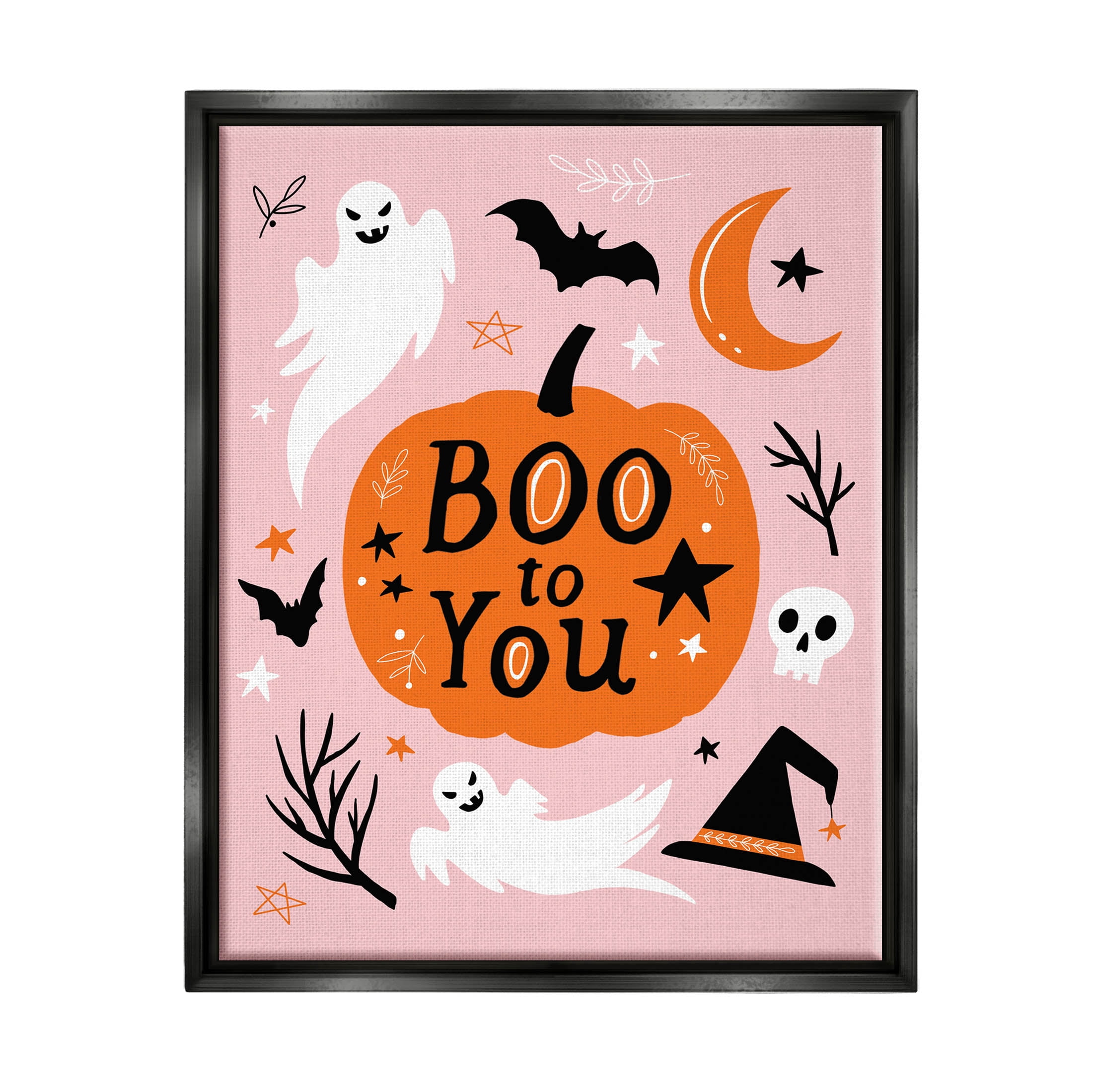 Stupell Industries Boo to You Halloween Elements Graphic Art Jet Black Floating Framed Canvas Print Wall Art, Design by Nina Seven