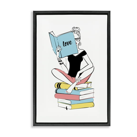 Stupell Industries Book Love Girl Novelty Painting Black Floater Framed Art Print Wall Art, 17 x 25