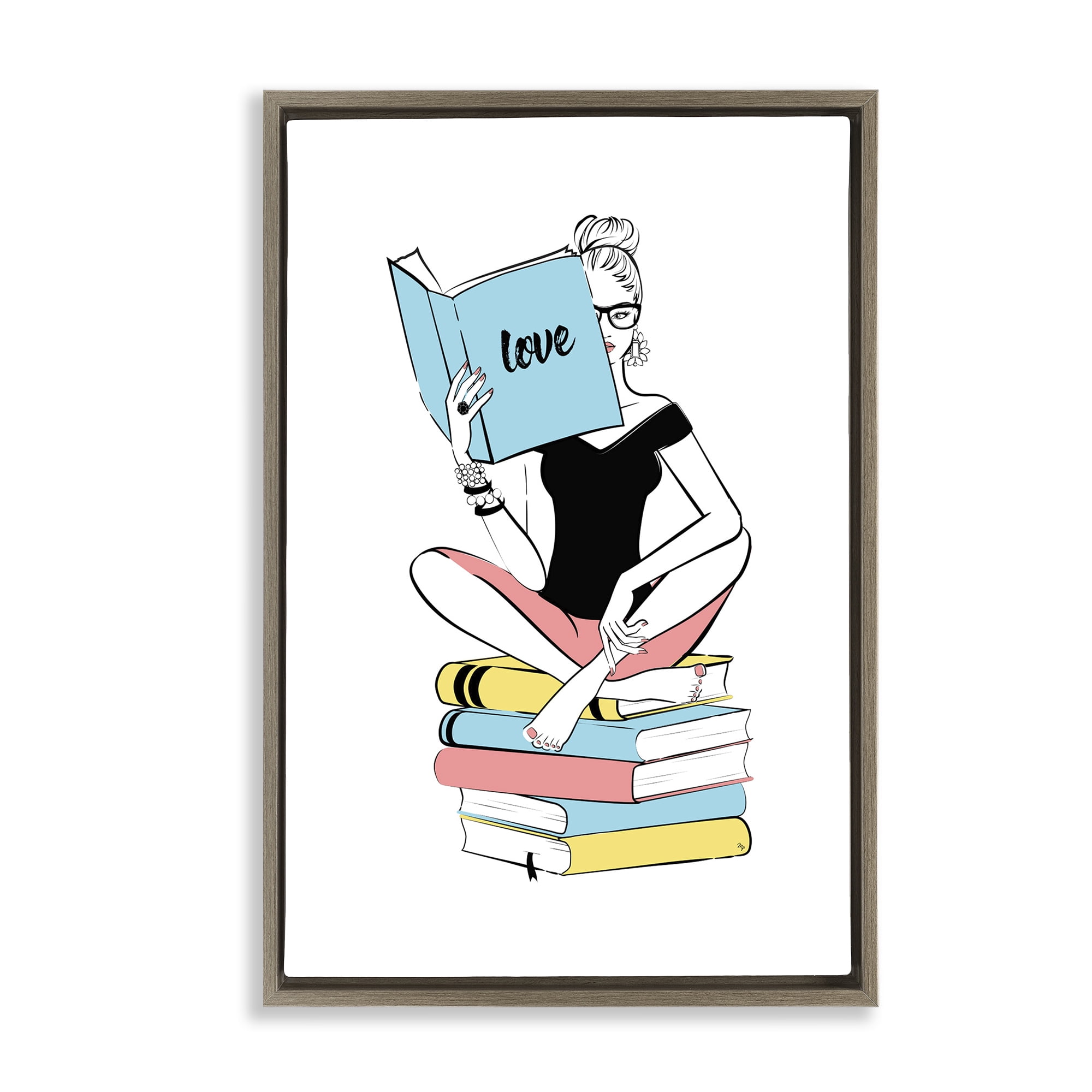 Stupell Industries Book Love Girl Novelty Painting Brown Floater Framed Art Print Wall Art, 17 x 25