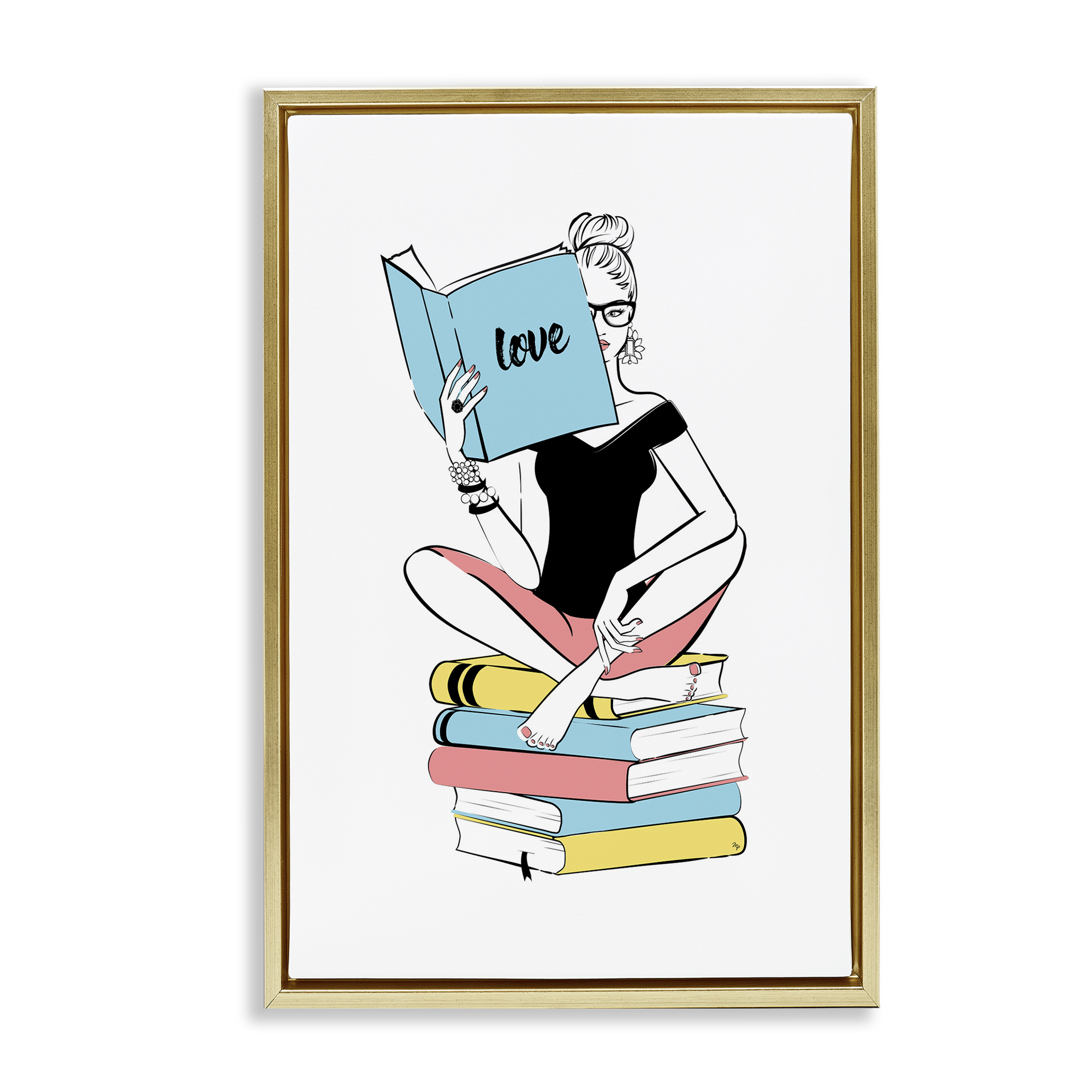 Stupell Industries Book Love Girl Novelty Painting Gold Floater Framed Art Print Wall Art, 21 x 31