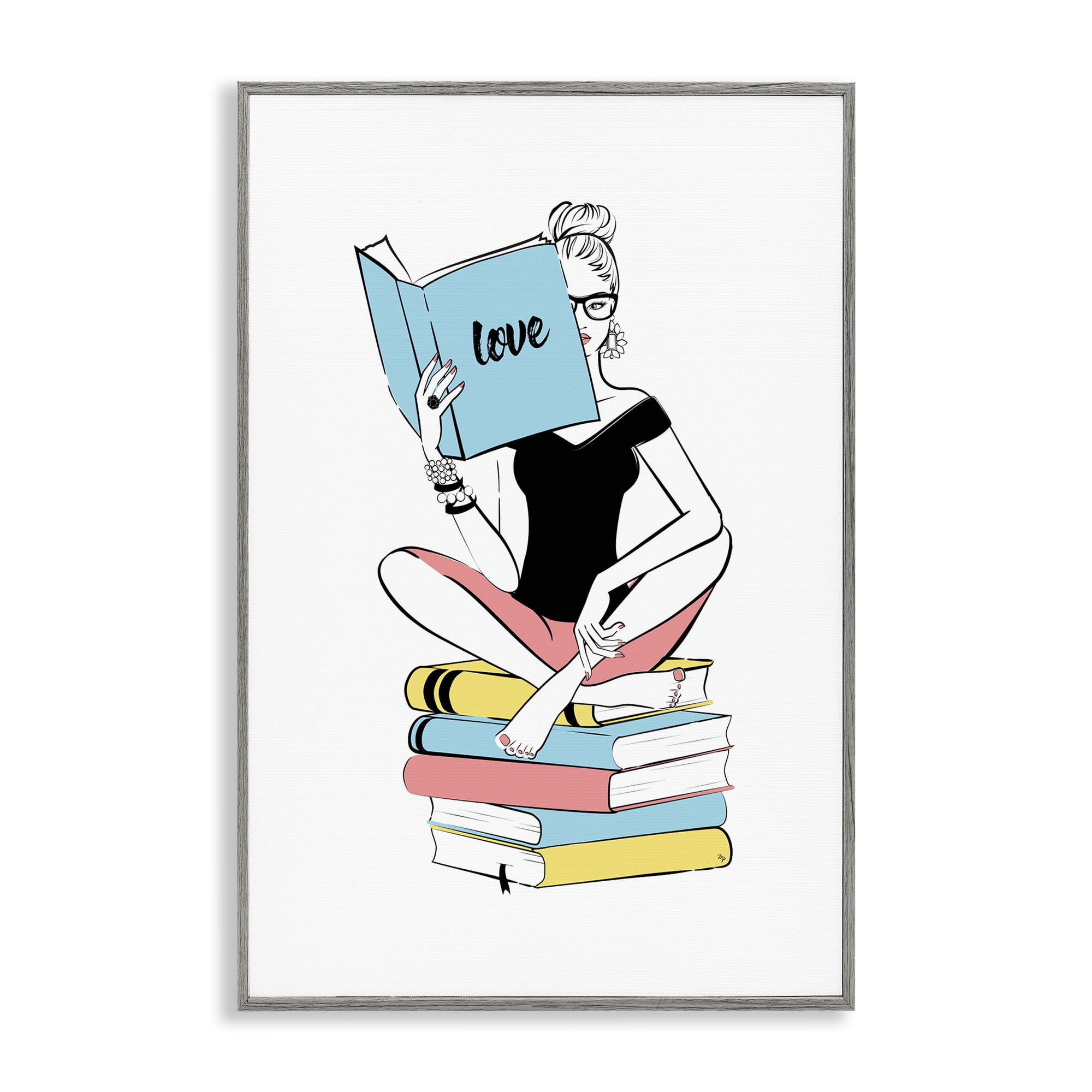 Stupell Industries Book Love Girl Novelty Painting Gray Framed Art Print Wall Art, 20 x 30