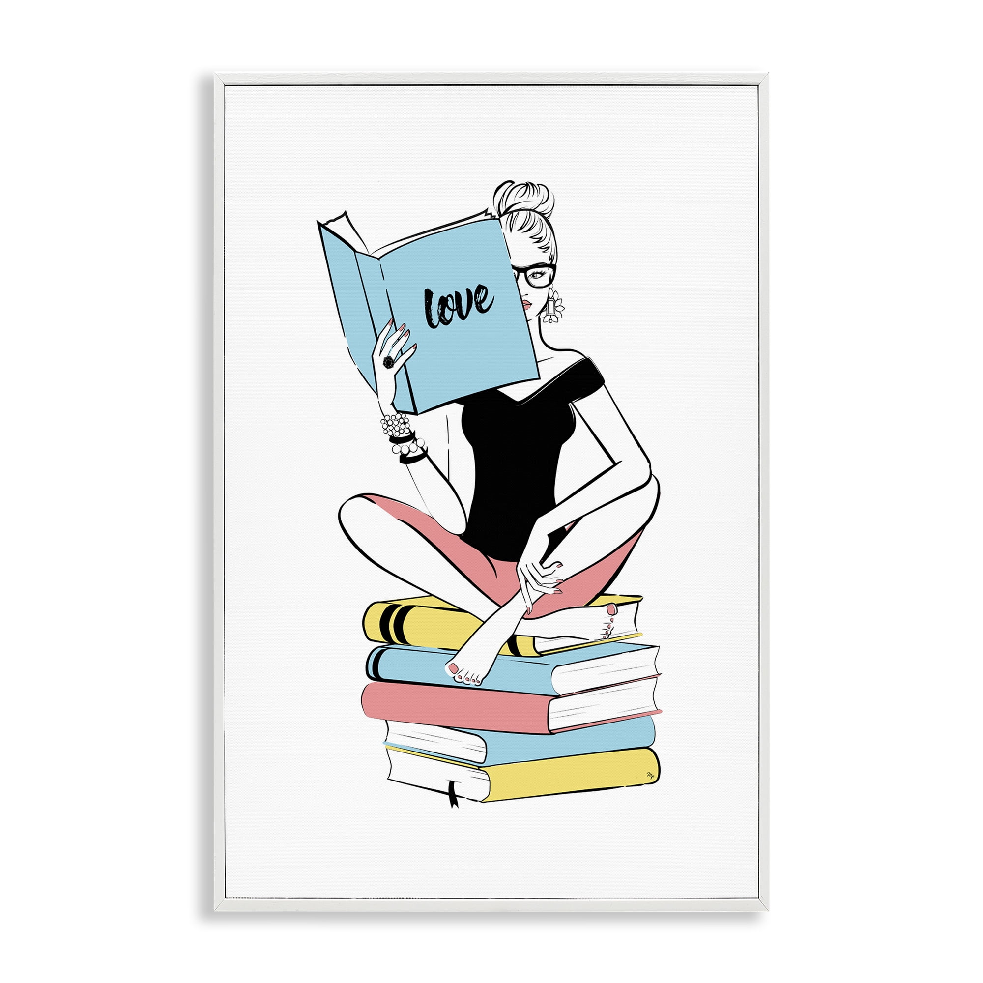 Stupell Industries Book Love Girl Novelty Painting White Framed Art Print Wall Art, 20 x 30