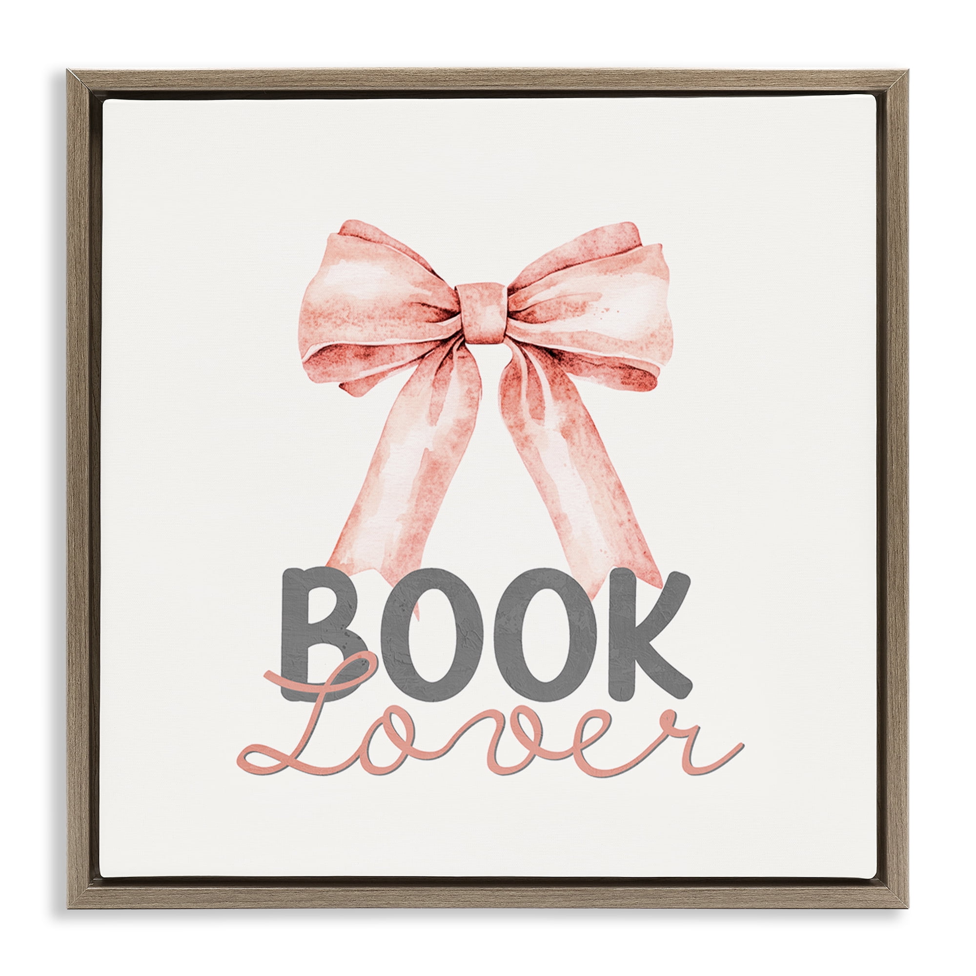 Stupell Industries Book Lover Pink Bow Brown Framed Floater Canvas Wall Art, design by Kim Allen