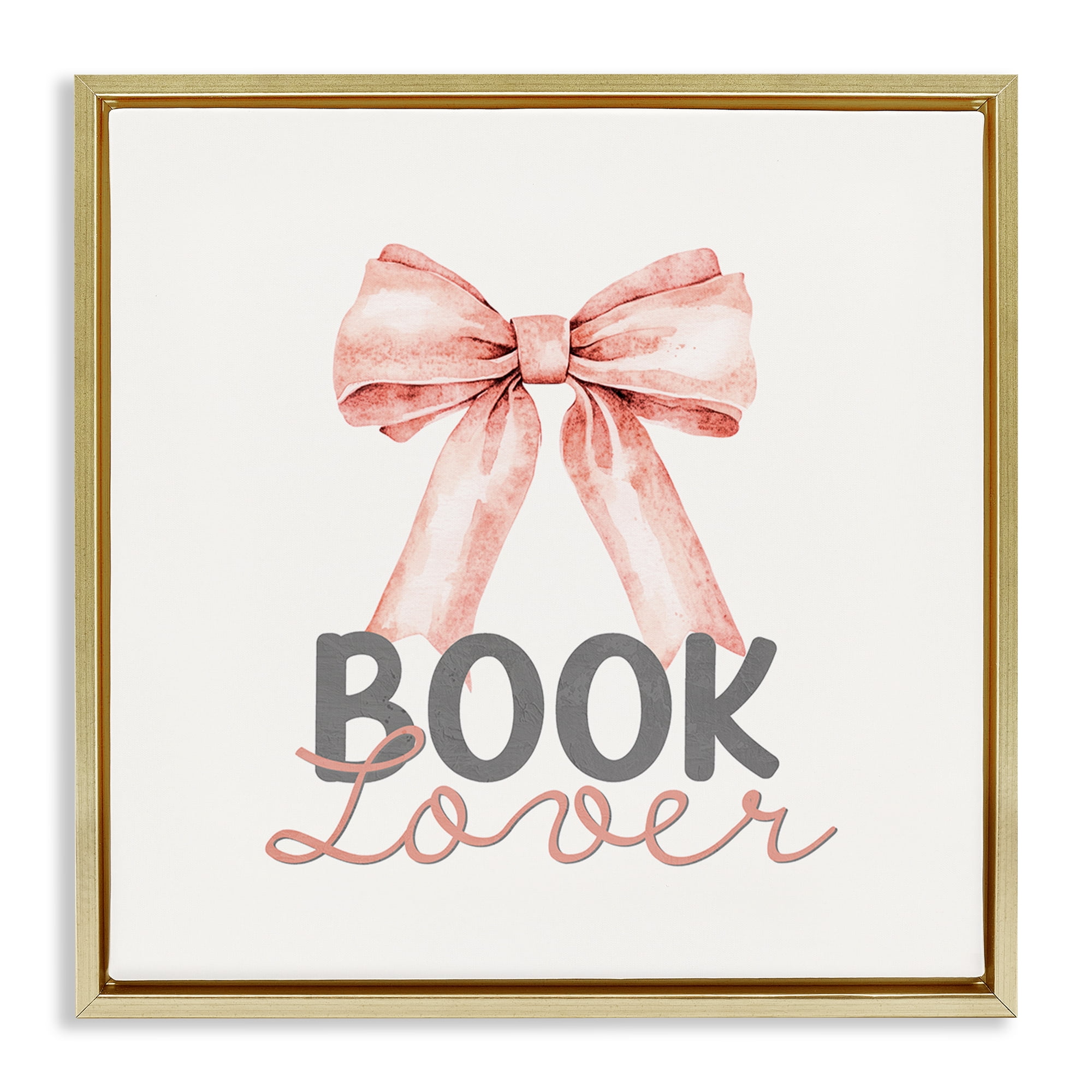 Stupell Industries Book Lover Pink Bow Gold Framed Floater Canvas Wall Art, design by Kim Allen