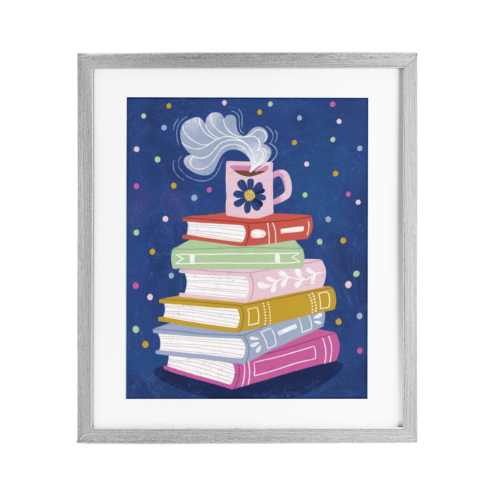 Stupell Industries Book Stack & Cozy Mug Gray Framed Print Under Glass, design by Vanessa Stoilova