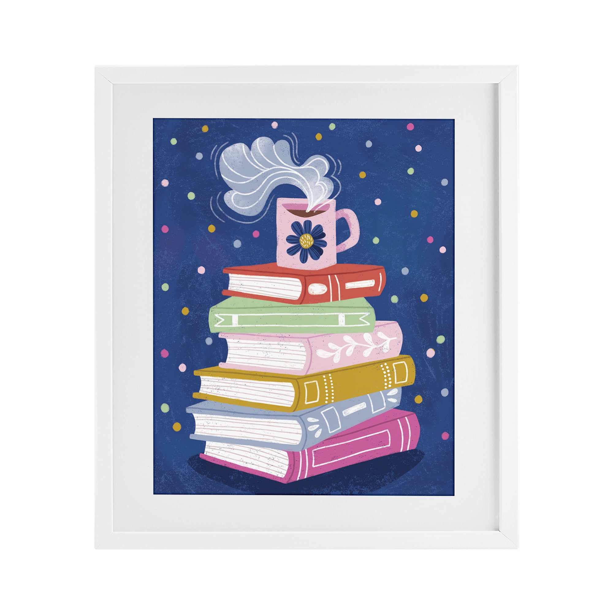 Stupell Industries Book Stack & Cozy Mug White Framed Print Under Glass, design by Vanessa Stoilova
