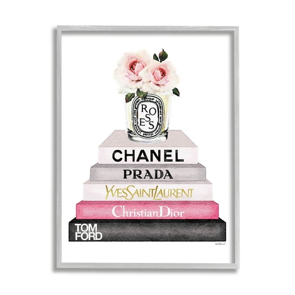 Stupell Industries Book Stack Fashion Candle Pink Rose Graphic Art Gray Framed Art Print Wall Art, 24x30, by Amanda Greenwood