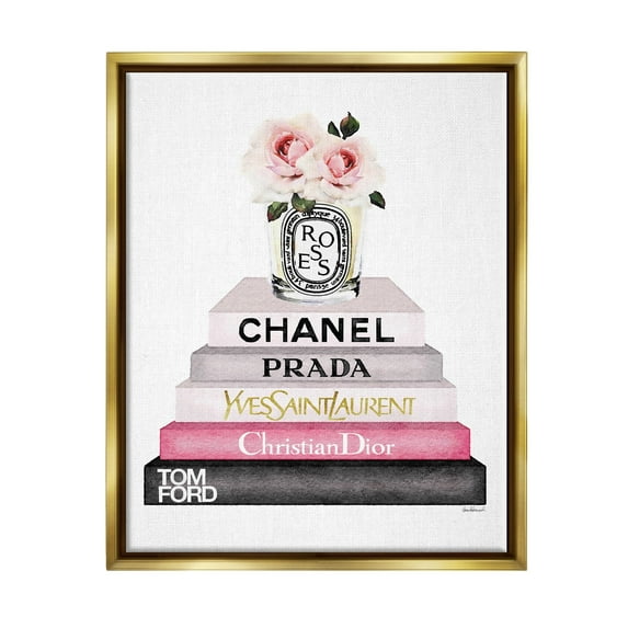Stupell Industries Book Stack Fashion Candle Pink Rose Metallic Gold Framed Floating Canvas Wall Art, 24x30, by Amanda Greenwood