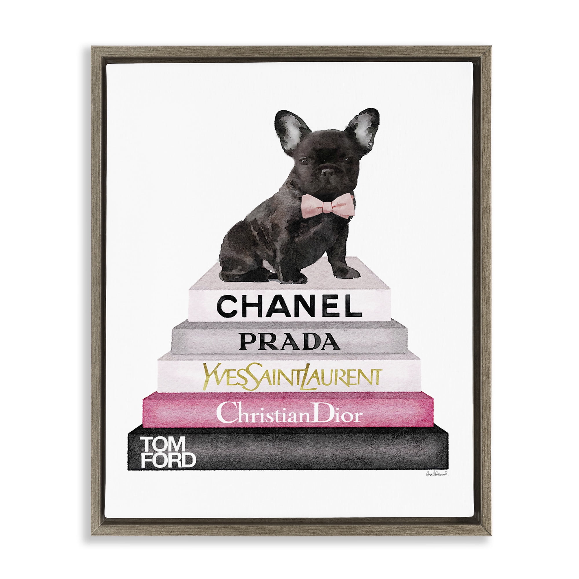 Stupell Industries Book Stack Fashion French Bulldog Beauty & Fashion Painting Brown Floater Framed Canvas Art Print Wall Art, 17 x 21