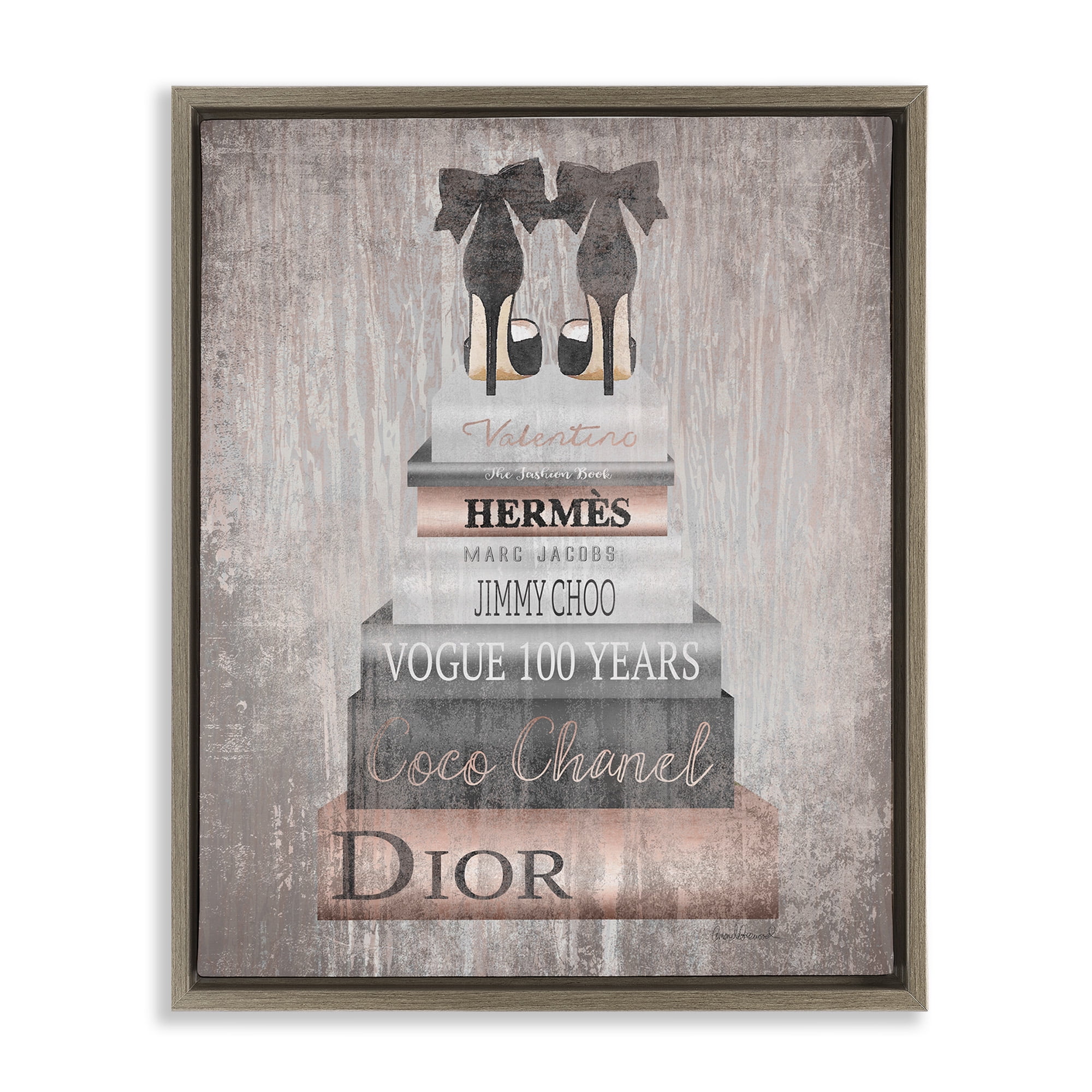 Stupell Industries Book Stack Heels Metallic Pink Beauty & Fashion Painting Brown Floater Framed Canvas Art Print Wall Art, 25 x 31