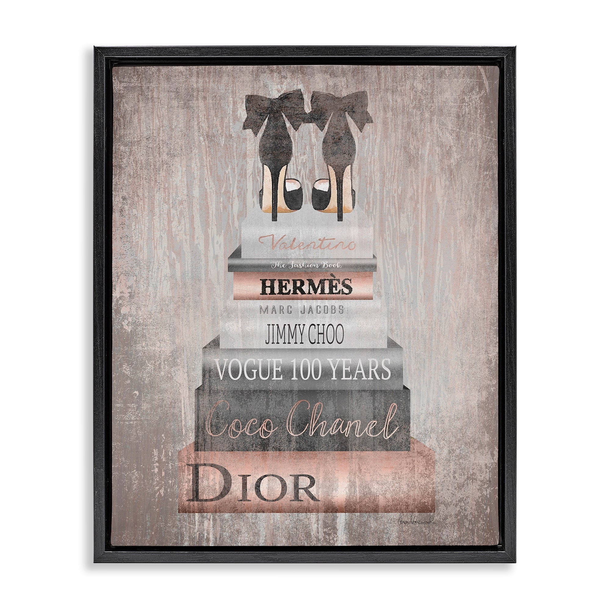 Stupell Industries Book Stack Heels Metallic Pink Jet Black Framed Floating Canvas Wall Art, 16x20, by Amanda Greenwood