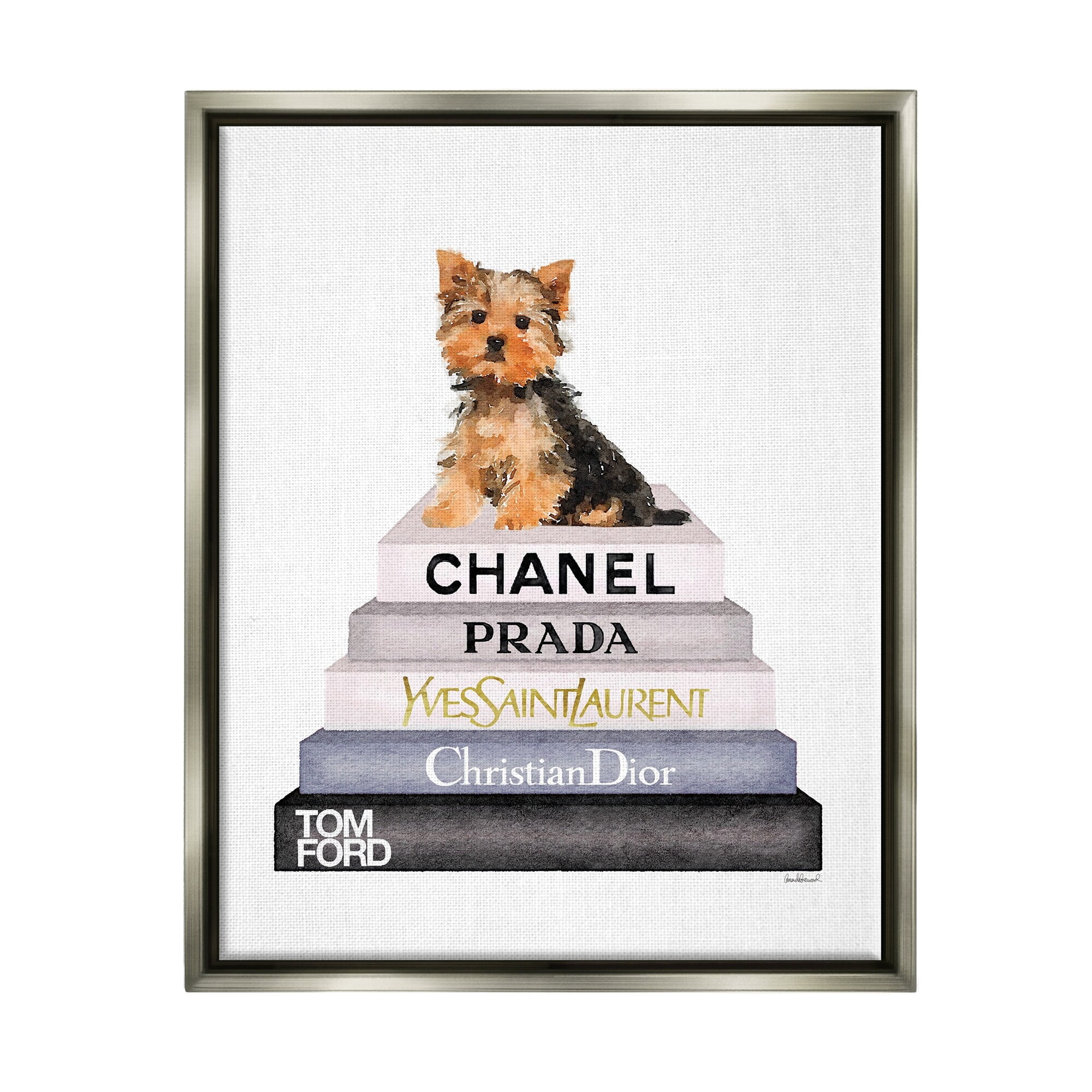 Stupell Industries Book Stack Yorkie Dog Glam Fashion Watercolor Luster Gray Framed Floating Canvas Wall Art, 24x30, by Amanda Greenwood