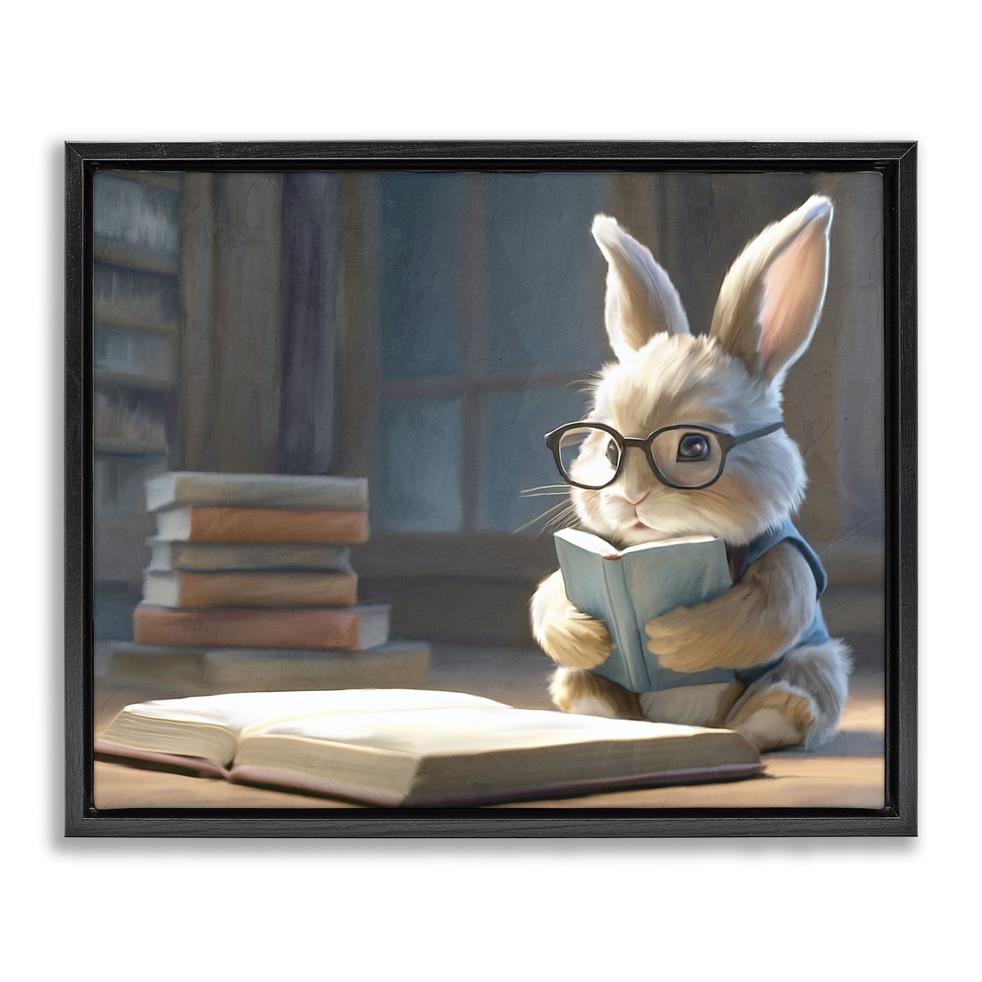 Stupell Industries Bookish Bunny at Desk Black Framed Floater Canvas Wall Art, design by Kim Allen