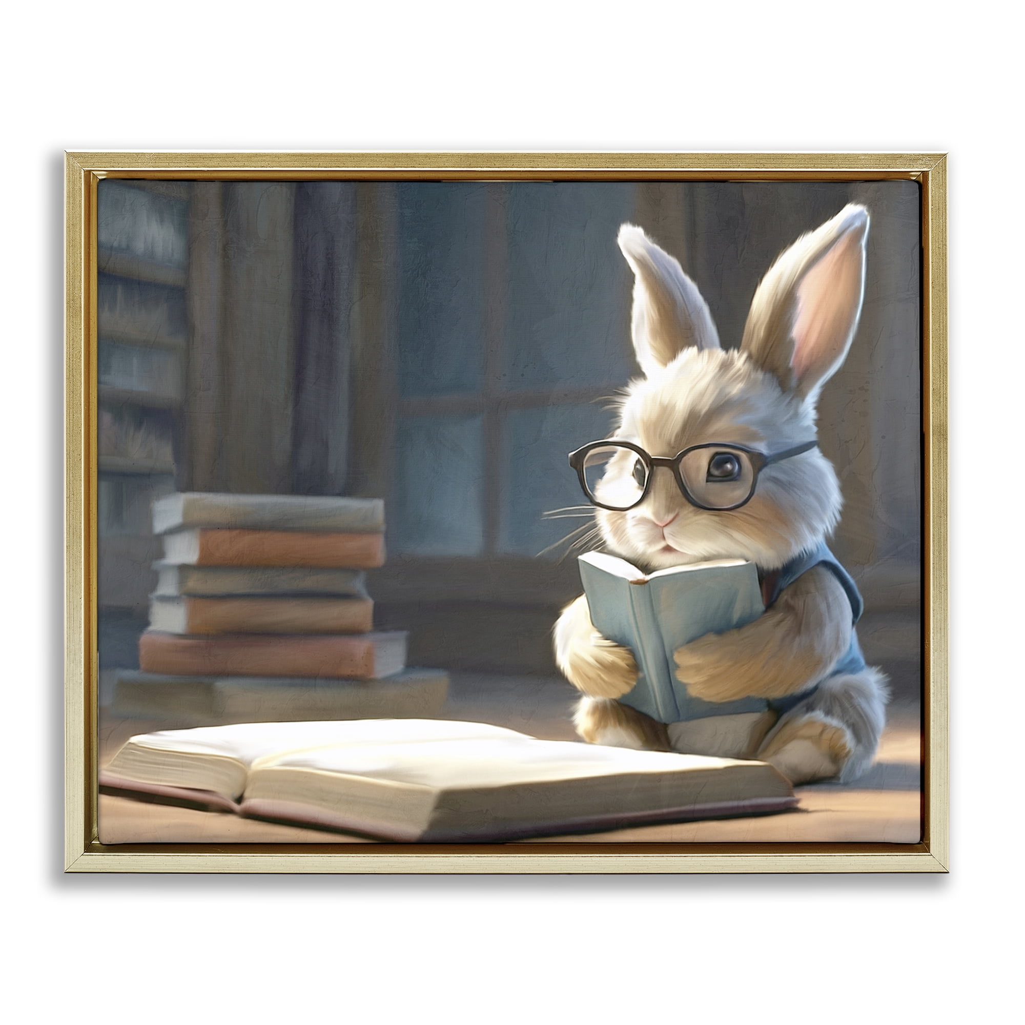 Stupell Industries Bookish Bunny at Desk Gold Framed Floater Canvas Wall Art, design by Kim Allen