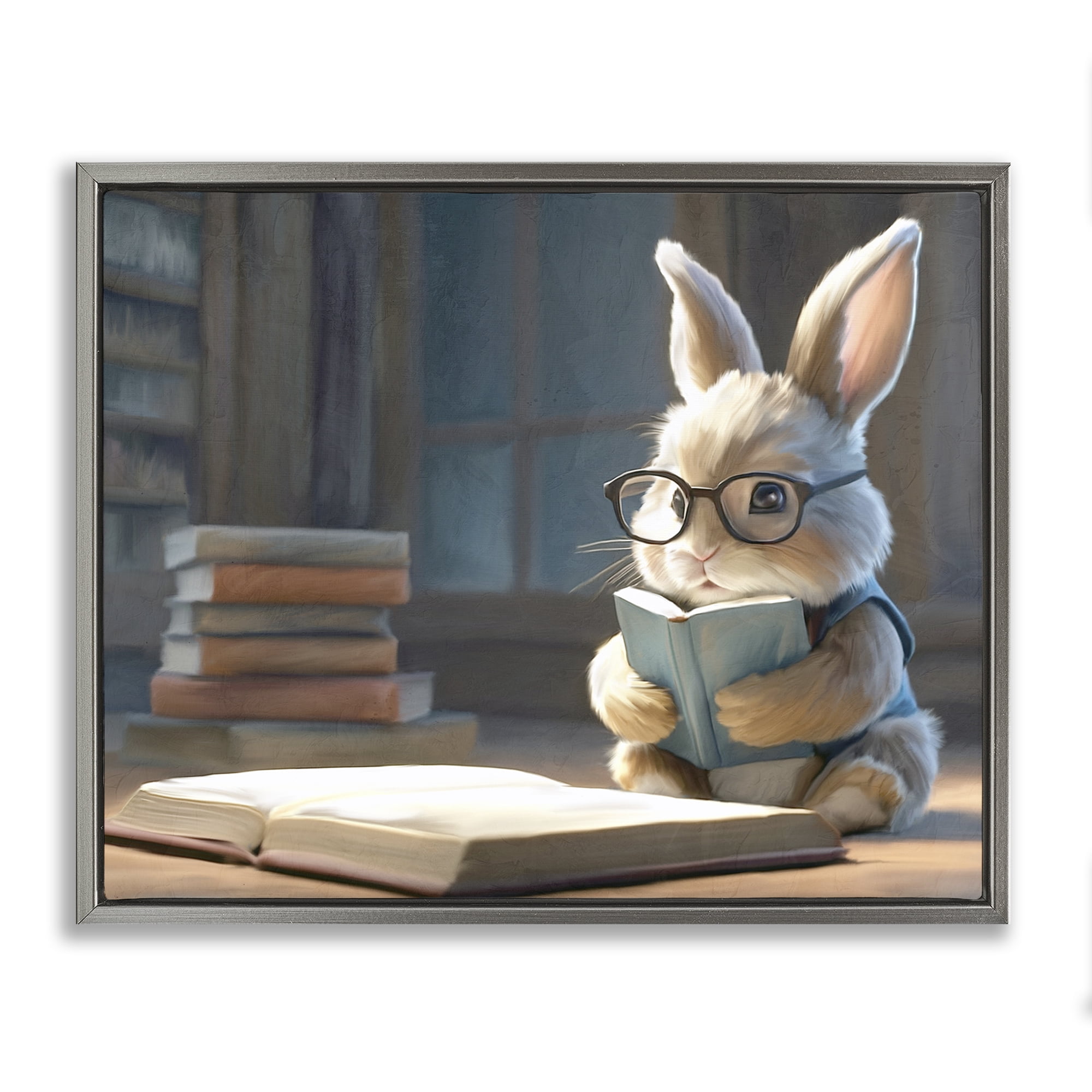 Stupell Industries Bookish Bunny at Desk Gray Framed Floater Canvas Wall Art, design by Kim Allen