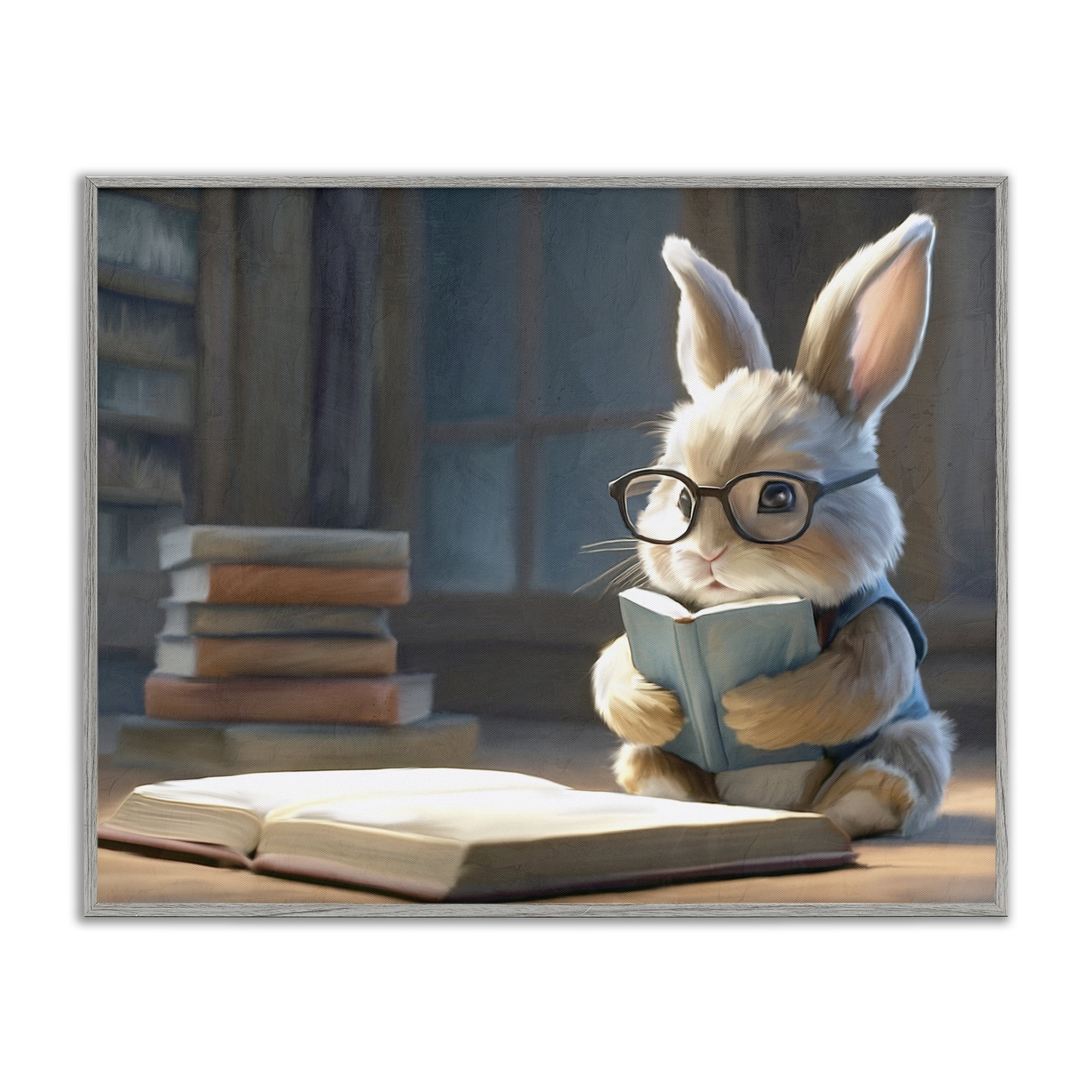 Stupell Industries Bookish Bunny at Desk Gray Framed Giclee Art, design by Kim Allen