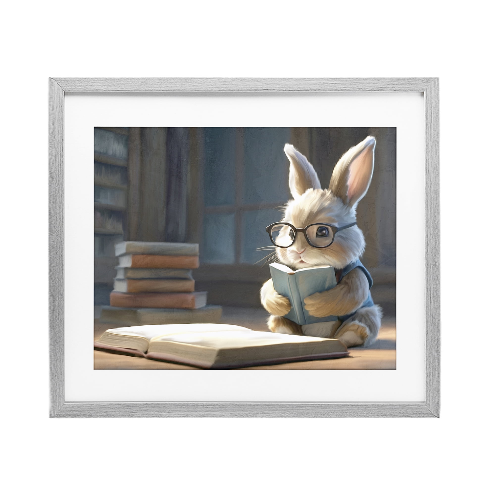 Stupell Industries Bookish Bunny at Desk Gray Framed Print Under Glass, design by Kim Allen