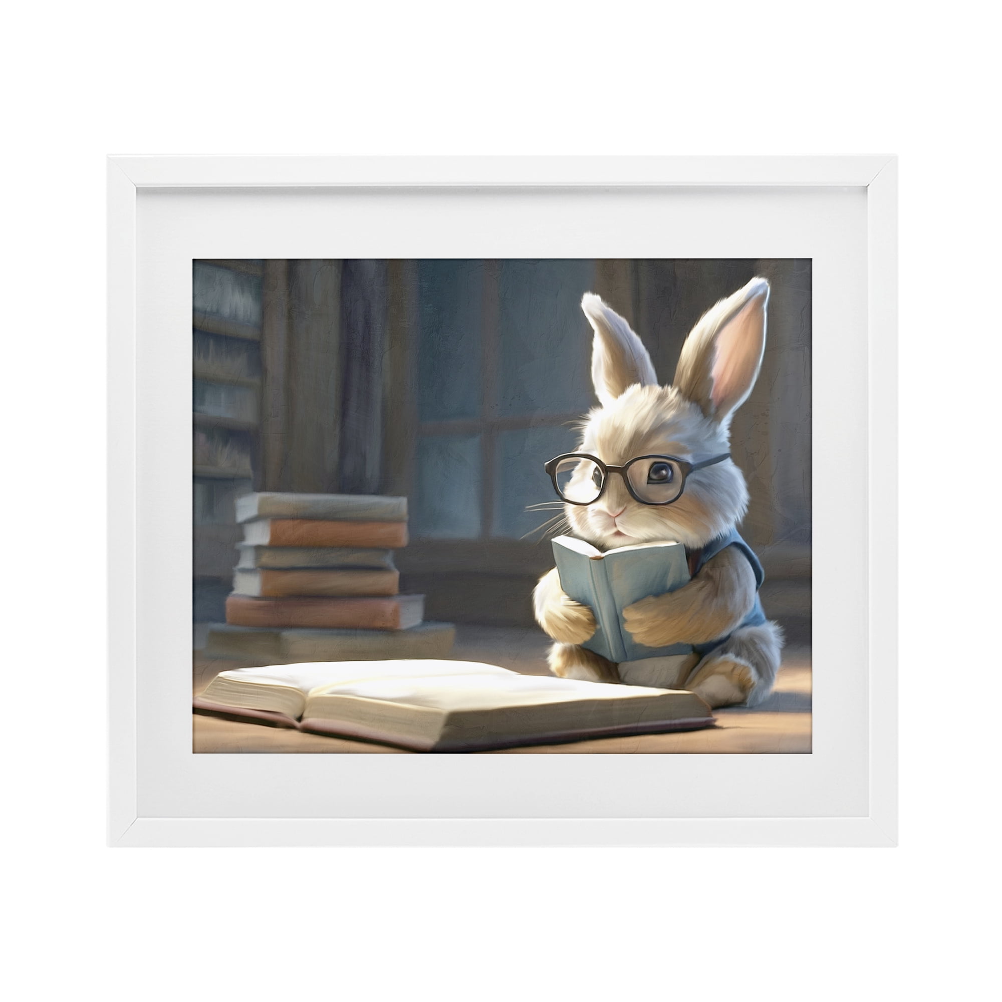 Stupell Industries Bookish Bunny at Desk White Framed Print Under Glass, design by Kim Allen
