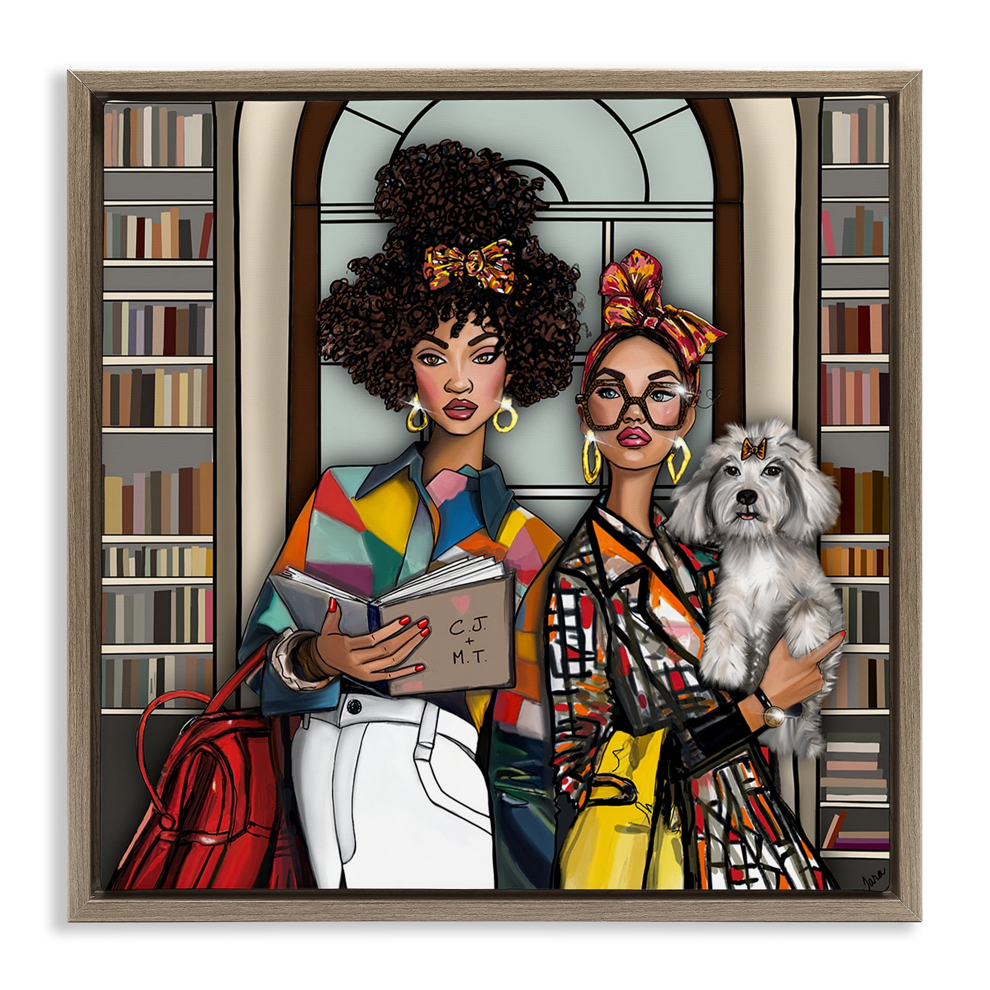 Stupell Industries Bookish Girls at Library Brown Framed Floater Canvas Wall Art, design by Tara Boone