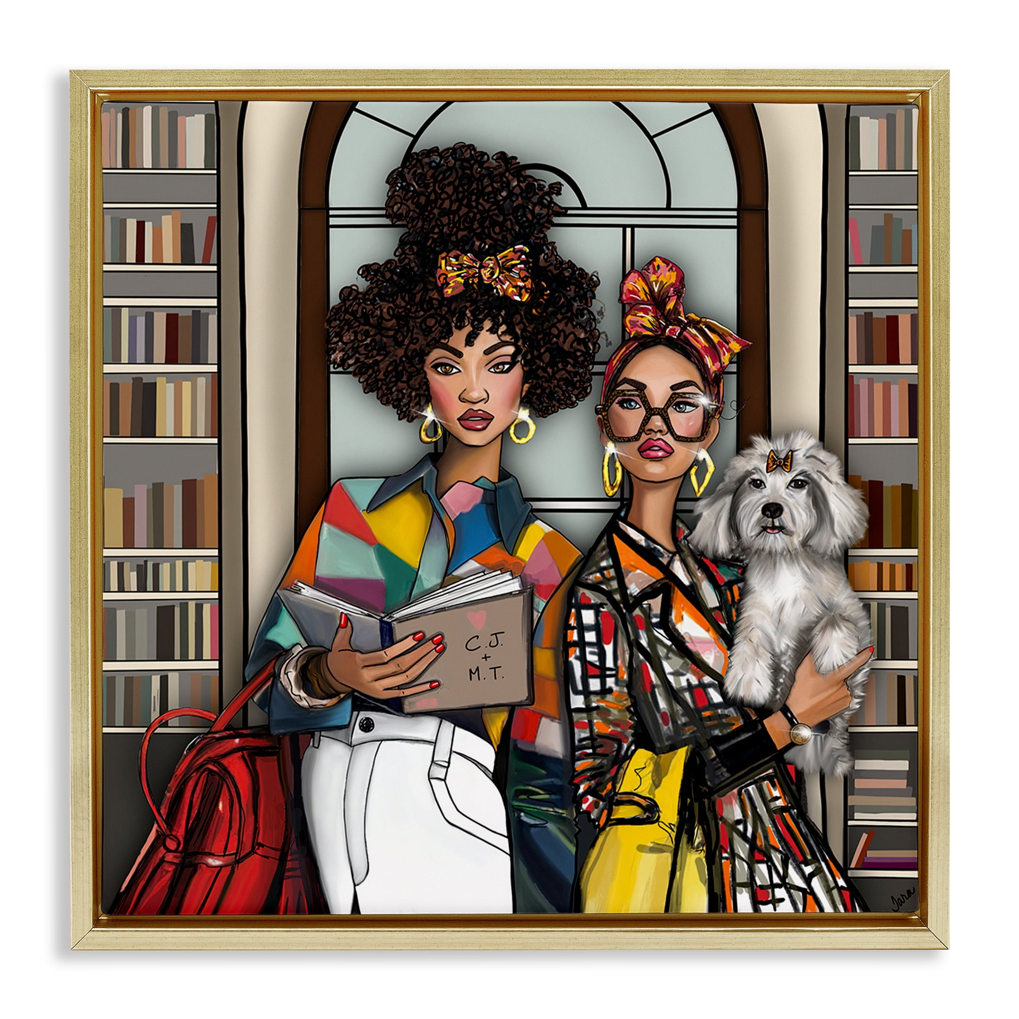 Stupell Industries Bookish Girls at Library Gold Framed Floater Canvas Wall Art, design by Tara Boone