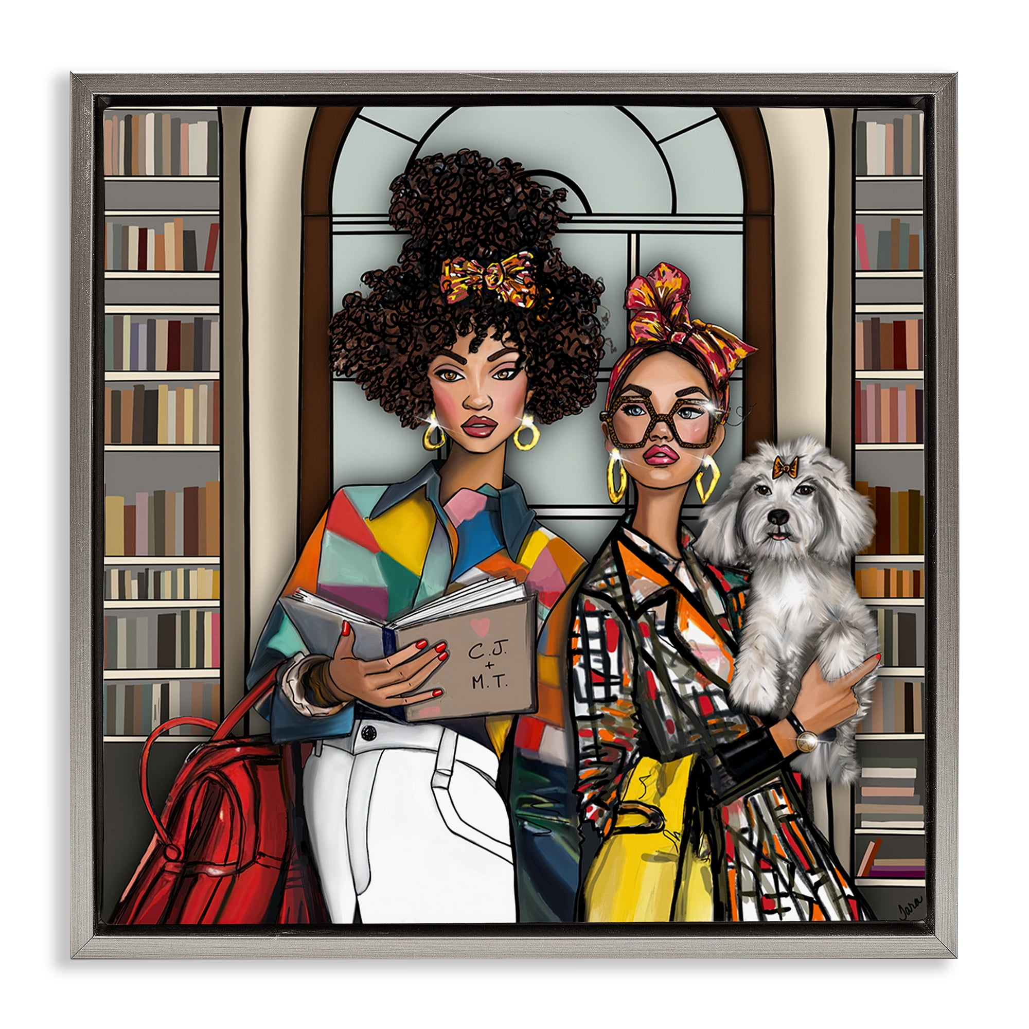 Stupell Industries Bookish Girls at Library Gray Framed Floater Canvas Wall Art, design by Tara Boone