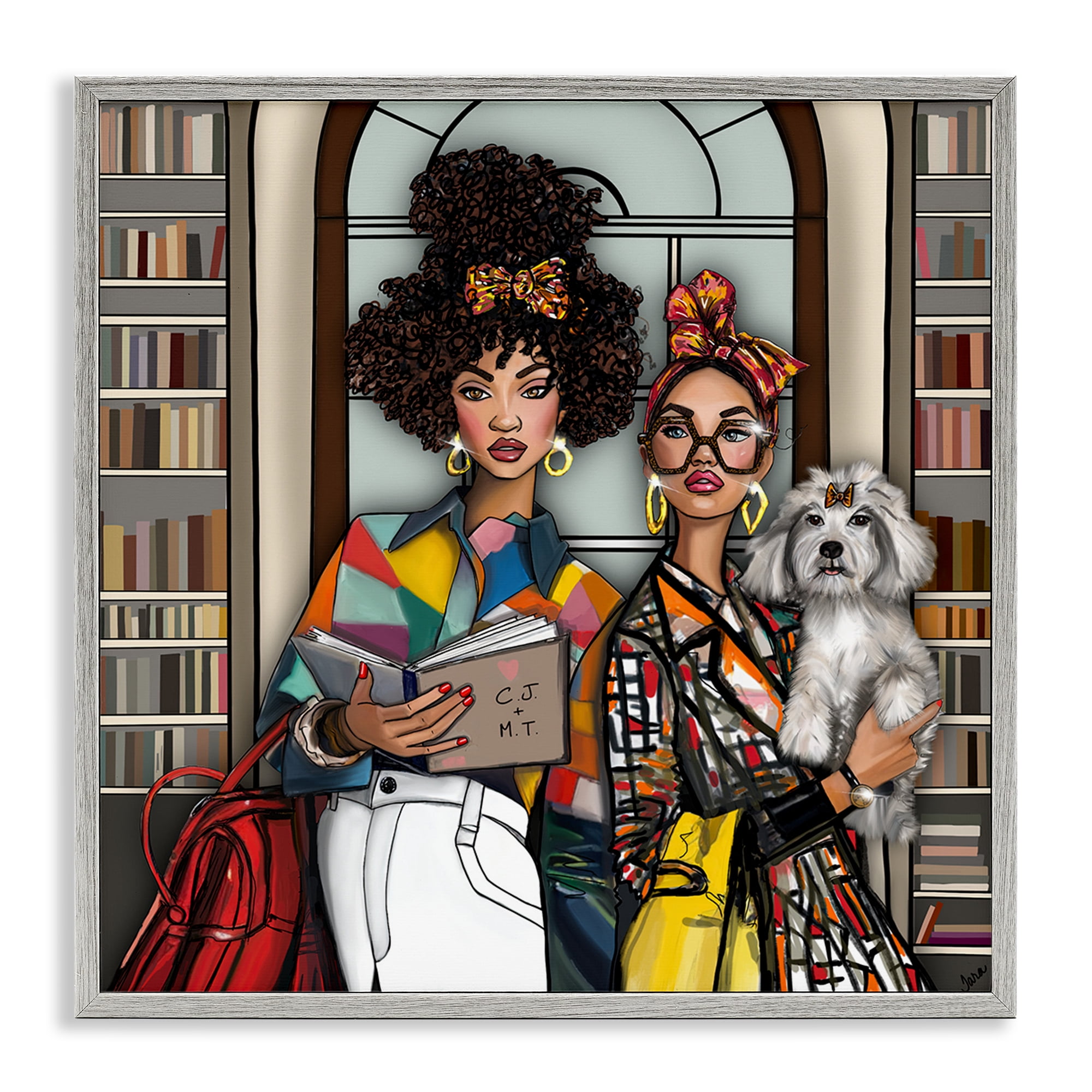 Stupell Industries Bookish Girls at Library Gray Framed Giclee Art, design by Tara Boone