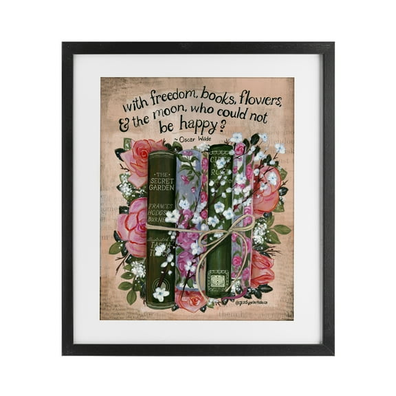 Stupell Industries Bookish Quote with Florals Black Framed Print Under Glass design by Glad You're Here Co., 16 x 13