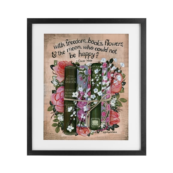 Stupell Industries Bookish Quote with Florals Black Framed Print Under Glass design by Glad You're Here Co., 21 x 17