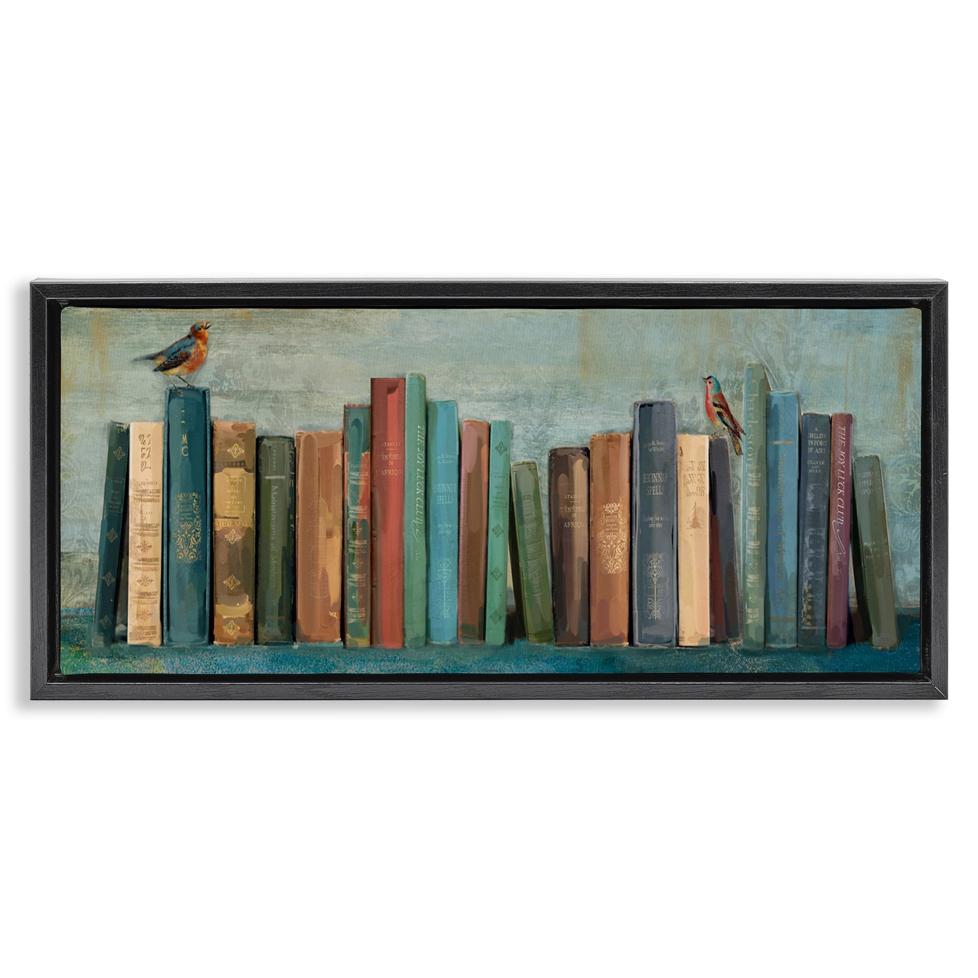 Stupell Industries Books And Birds Bookshelf Painting Animals & Insects Painting Black Floater Framed Canvas Art Print Wall Art, 25 x 11