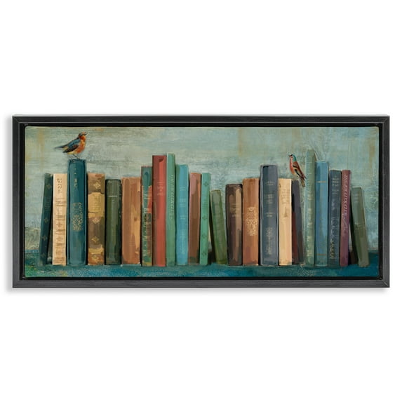 Stupell Industries Books And Birds Bookshelf Painting Animals & Insects Painting Black Floater Framed Canvas Art Print Wall Art, 31 x 14