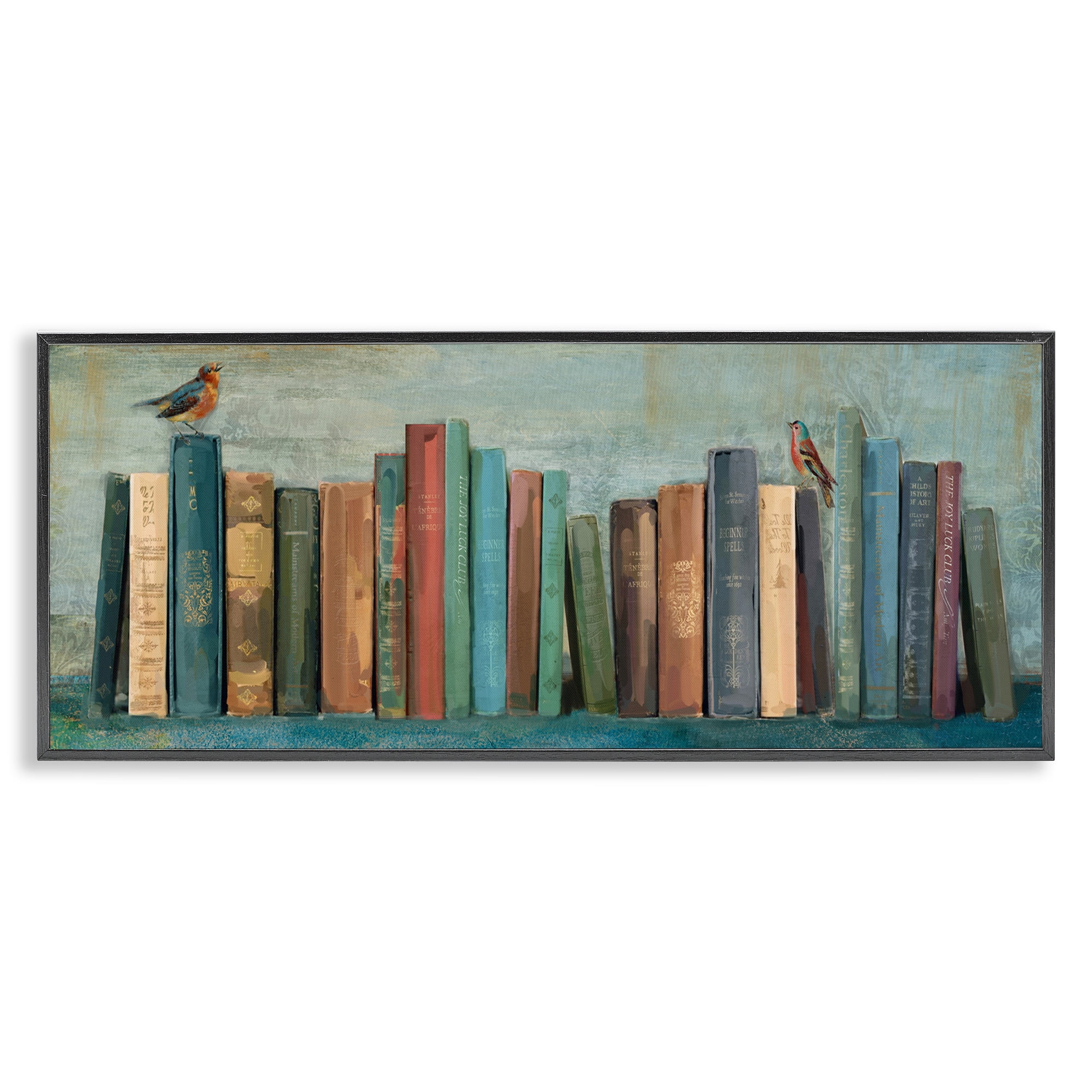 Stupell Industries Books And Birds Bookshelf Painting Animals & Insects Painting Black Framed Art Print Wall Art, 24 x 10
