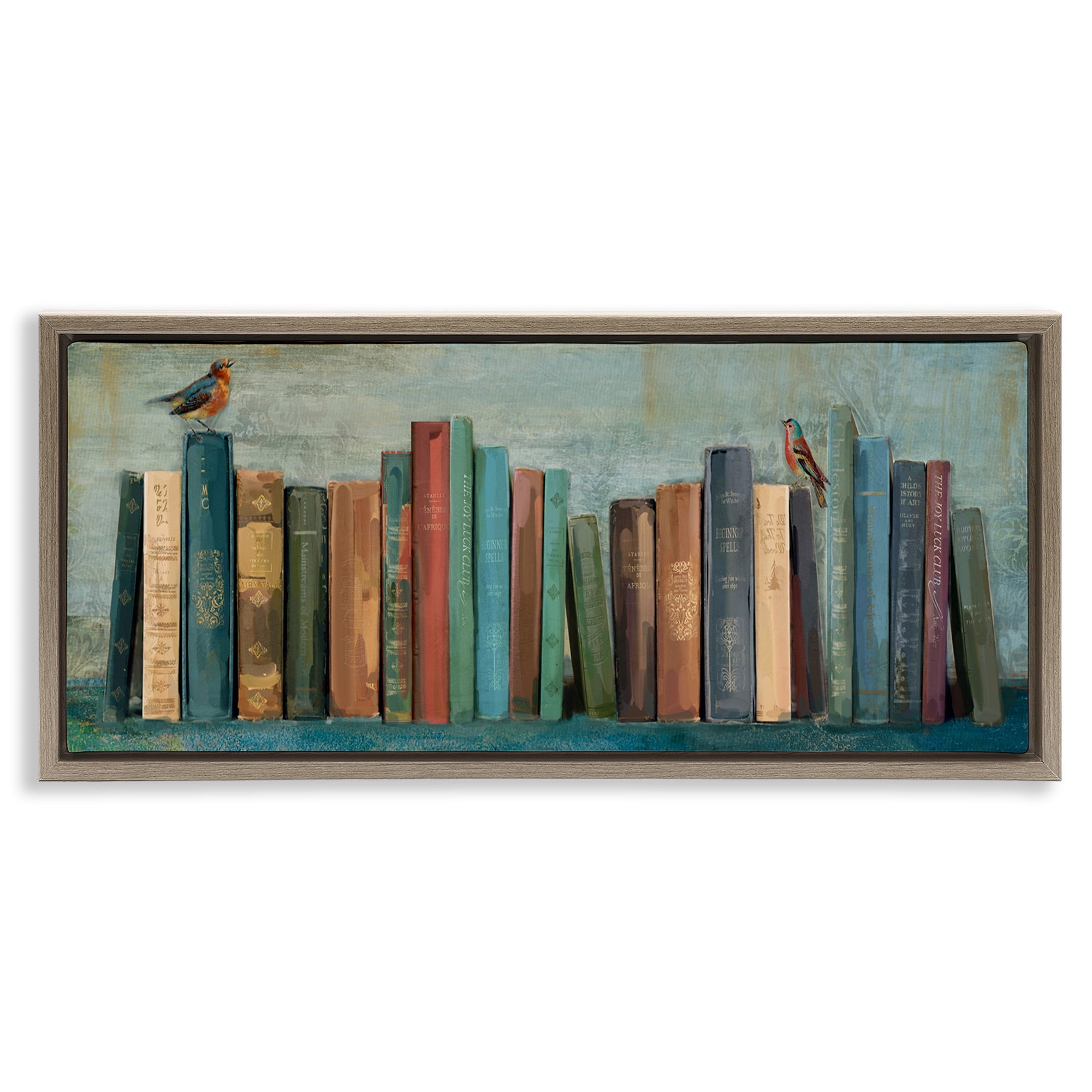Stupell Industries Books And Birds Bookshelf Painting Animals & Insects Painting Brown Floater Framed Canvas Art Print Wall Art, 31 x 14